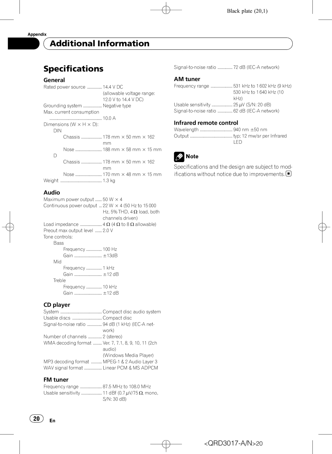 Pioneer DEH-1150MPG owner manual Additional Information Specifications 