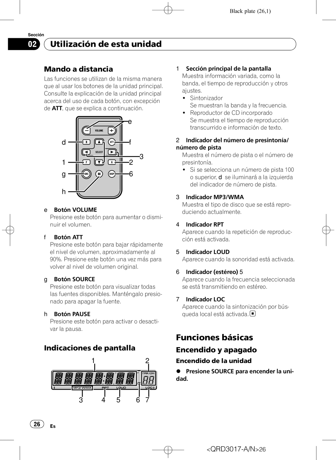 Pioneer DEH-1150MPG owner manual Utilización de esta unidad, Funciones básicas, Mando a distancia, Encendido de la unidad 