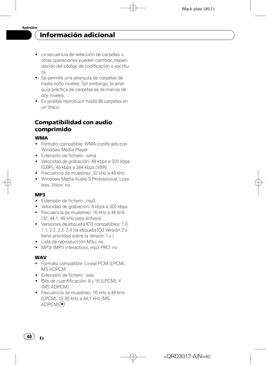 Pioneer DEH-1150MPG owner manual Compatibilidad con audio comprimido, Formato compatible Lineal PCM Lpcm 