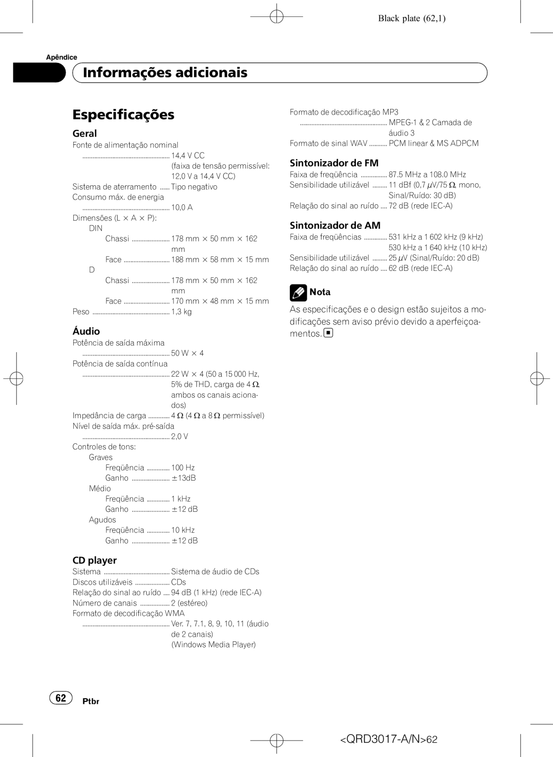 Pioneer DEH-1150MPG owner manual Informações adicionais Especificações, Geral, Áudio, Mentos 