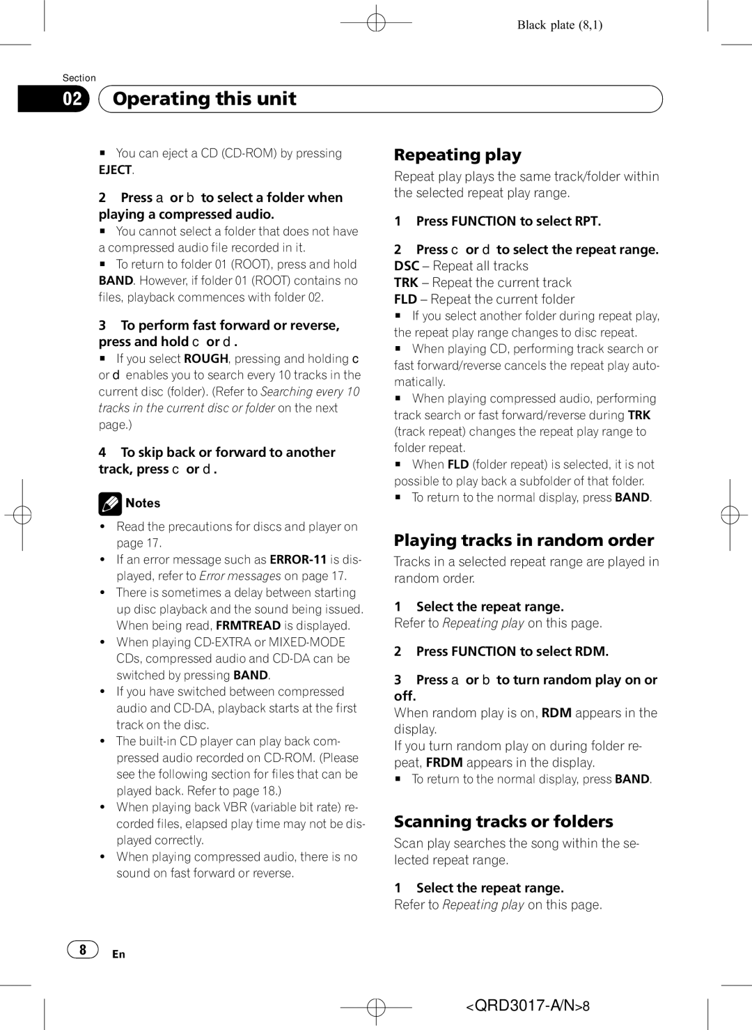 Pioneer DEH-1150MPG owner manual Repeating play, Playing tracks in random order, Scanning tracks or folders, Eject 