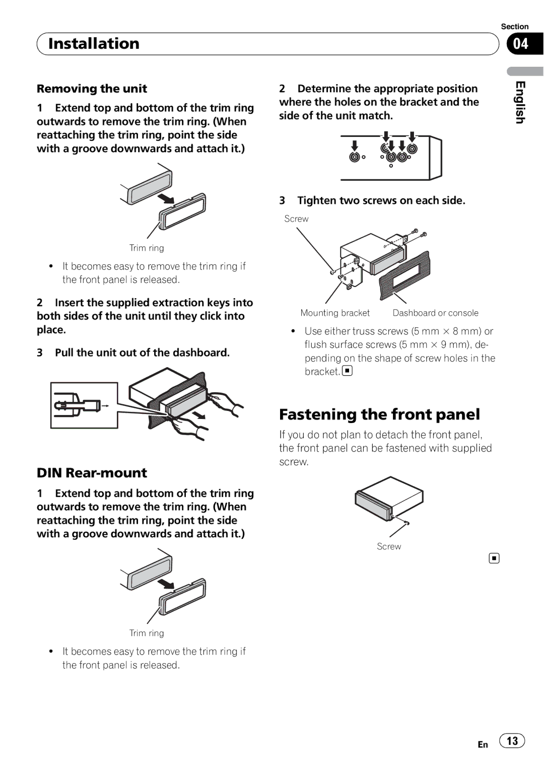 Pioneer DEH-11E owner manual Fastening the front panel, DIN Rear-mount, Removing the unit 