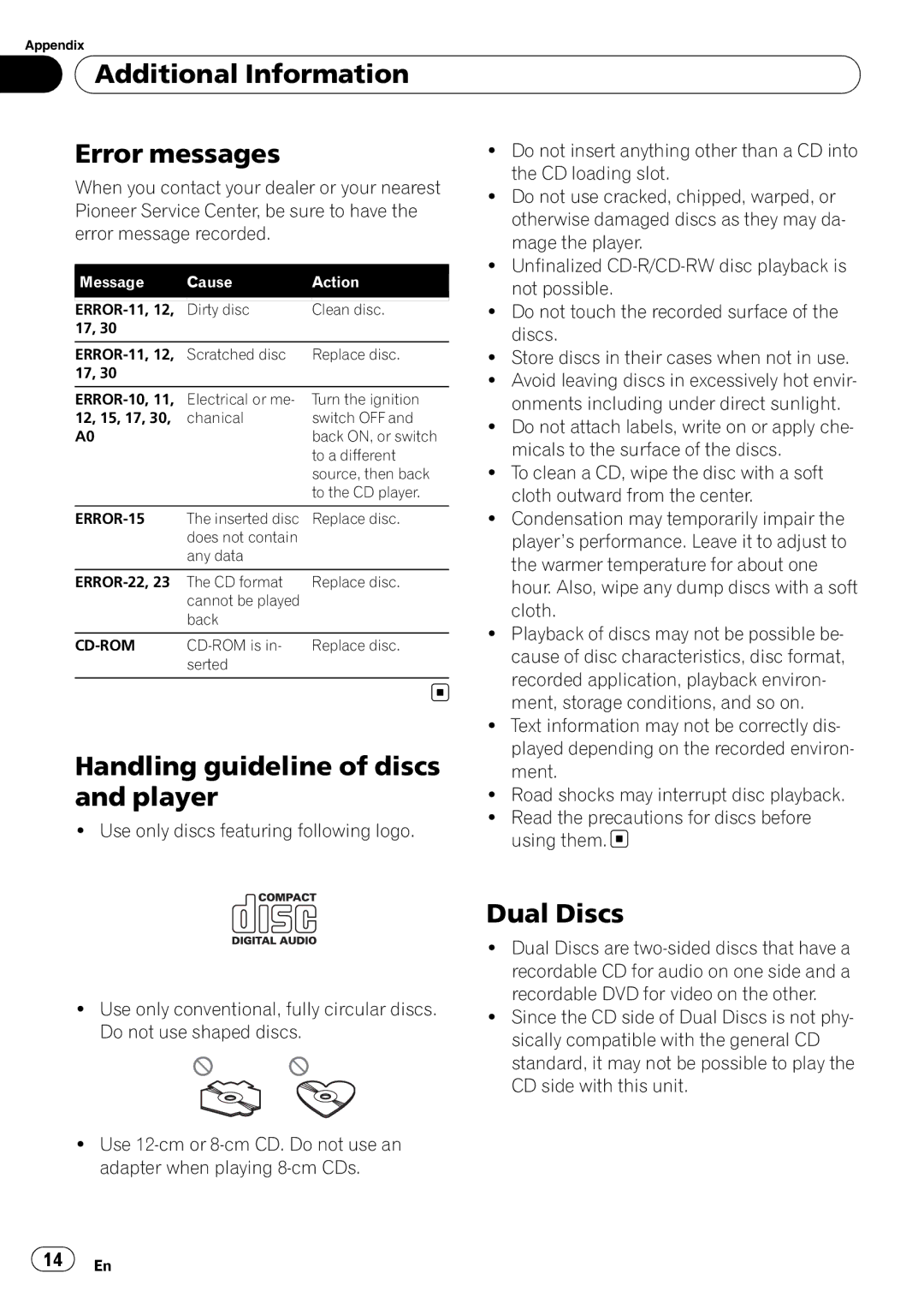 Pioneer DEH-11E owner manual Additional Information Error messages, Handling guideline of discs, Player, Dual Discs 