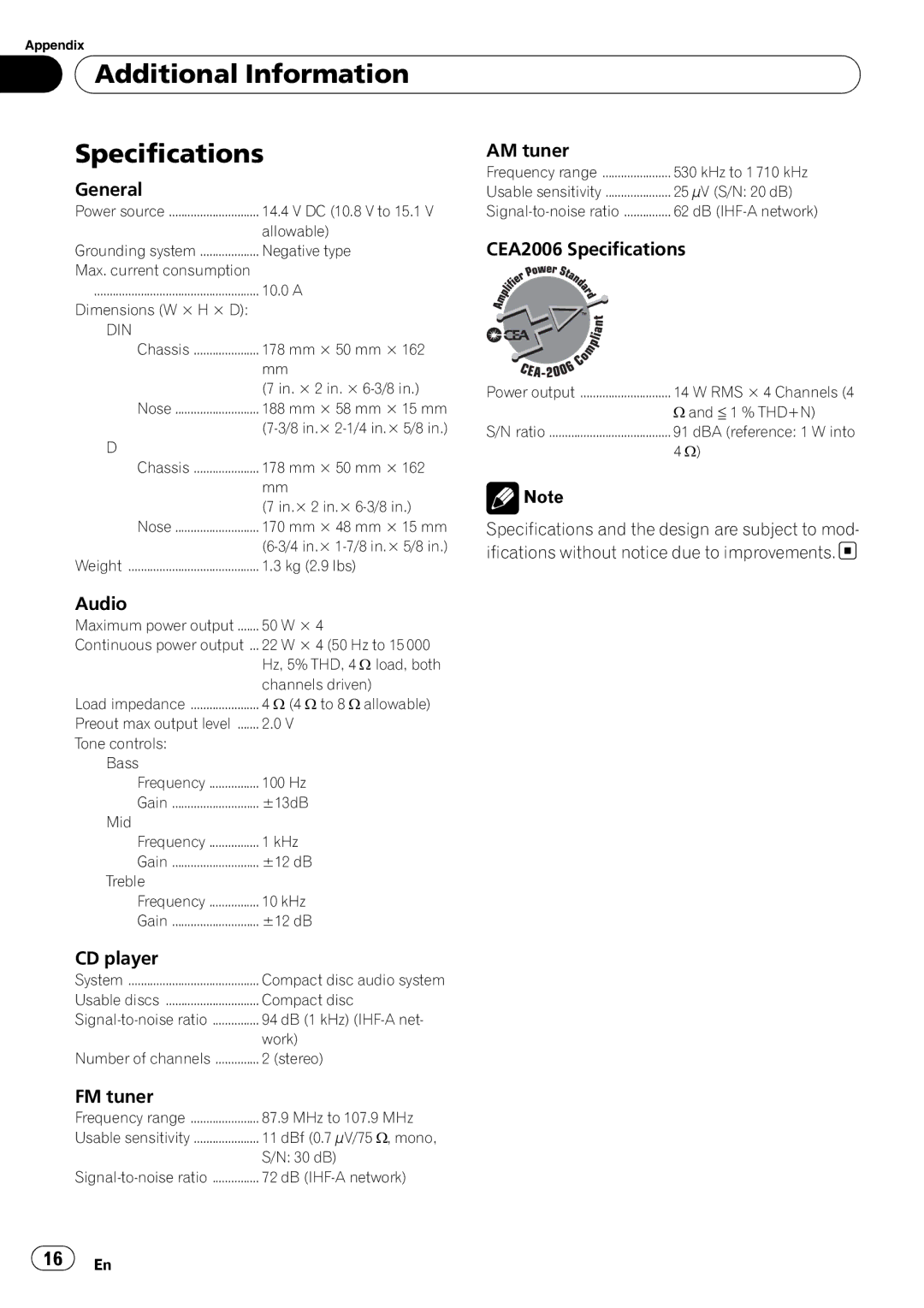 Pioneer DEH-11E owner manual Additional Information Specifications 