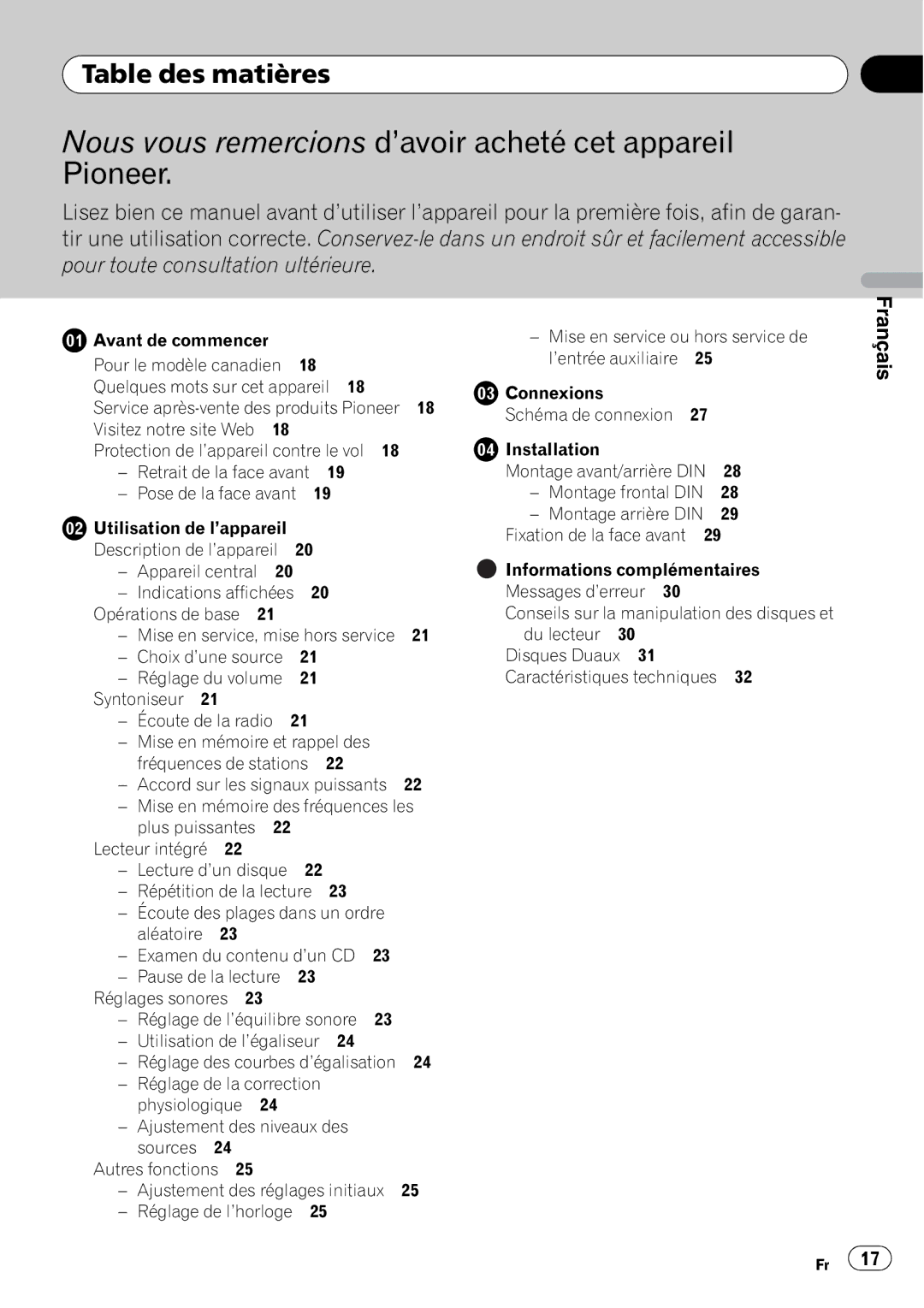 Pioneer DEH-11E owner manual Nous vous remercions d’avoir acheté cet appareil Pioneer, Table des matières 