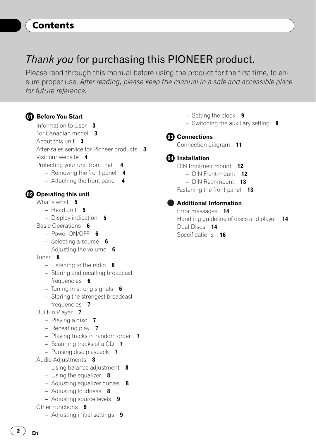 Pioneer DEH-11E owner manual Contents, Using the equalizer, Switching the auxiliary setting 