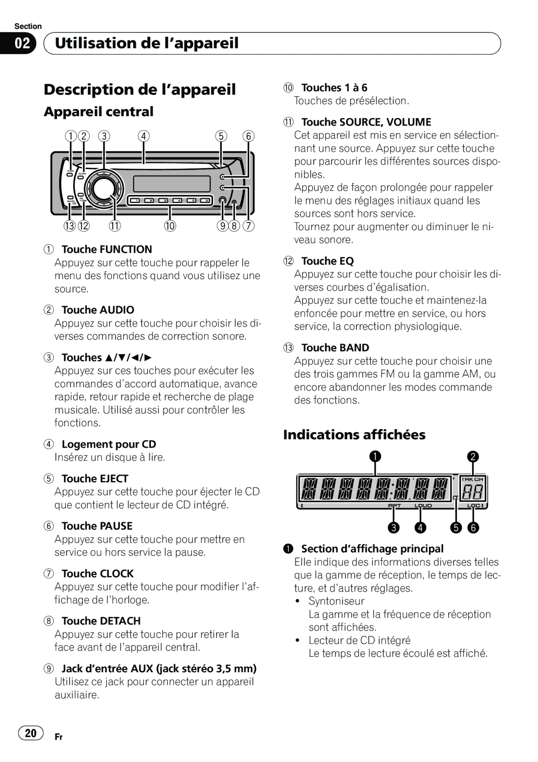 Pioneer DEH-11E owner manual Utilisation de l’appareil Description de l’appareil, Appareil central, Indications affichées 