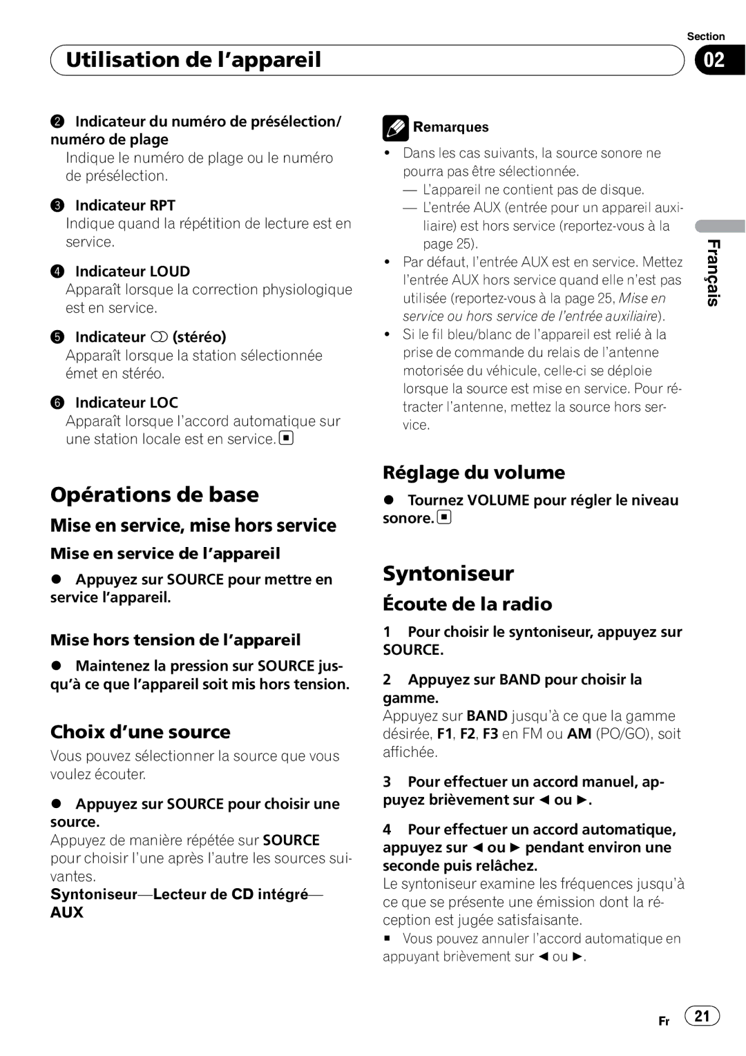 Pioneer DEH-11E owner manual Utilisation de l’appareil, Opérations de base, Syntoniseur 