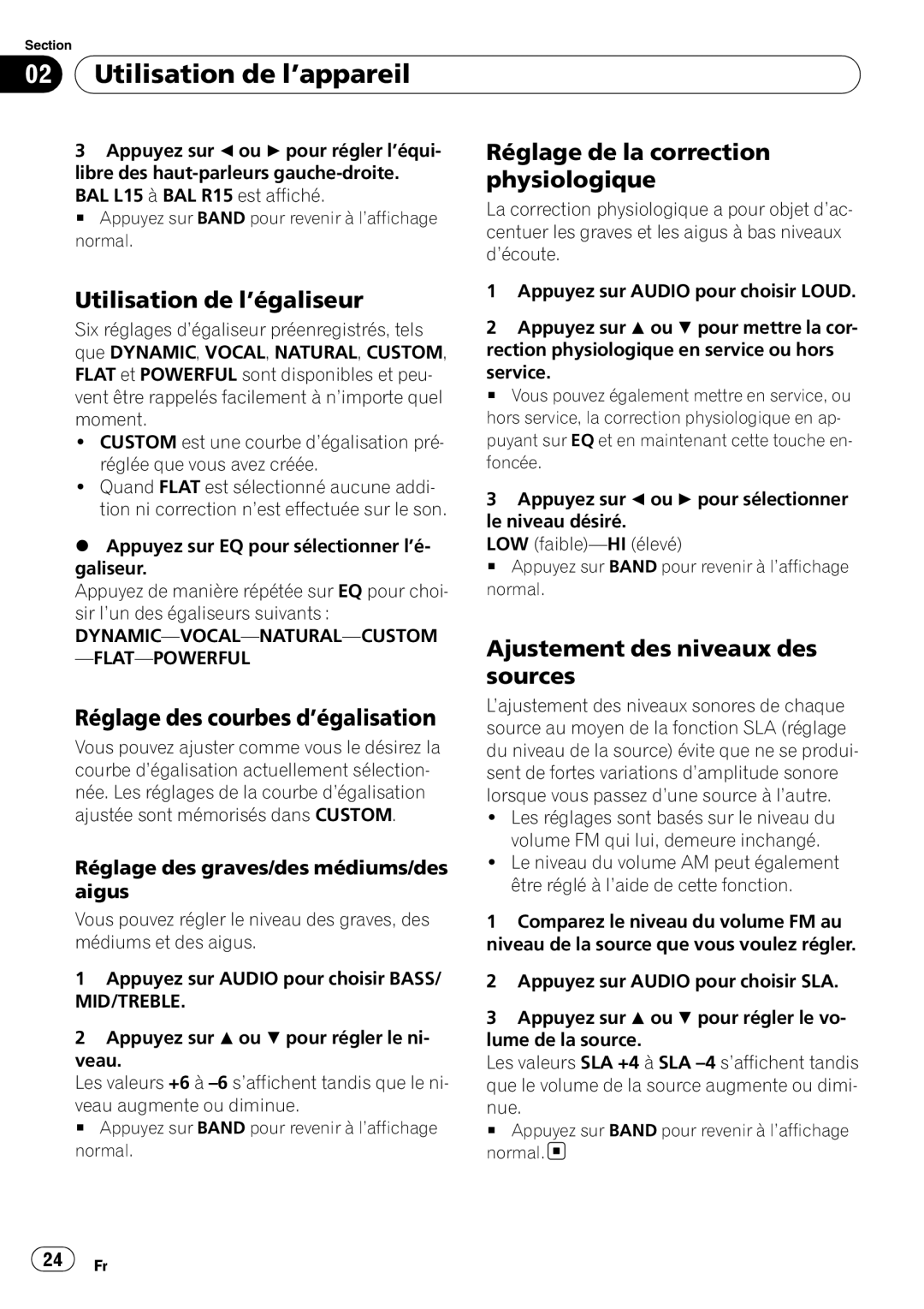 Pioneer DEH-11E owner manual Utilisation de l’égaliseur, Réglage de la correction physiologique, Mid/Treble 