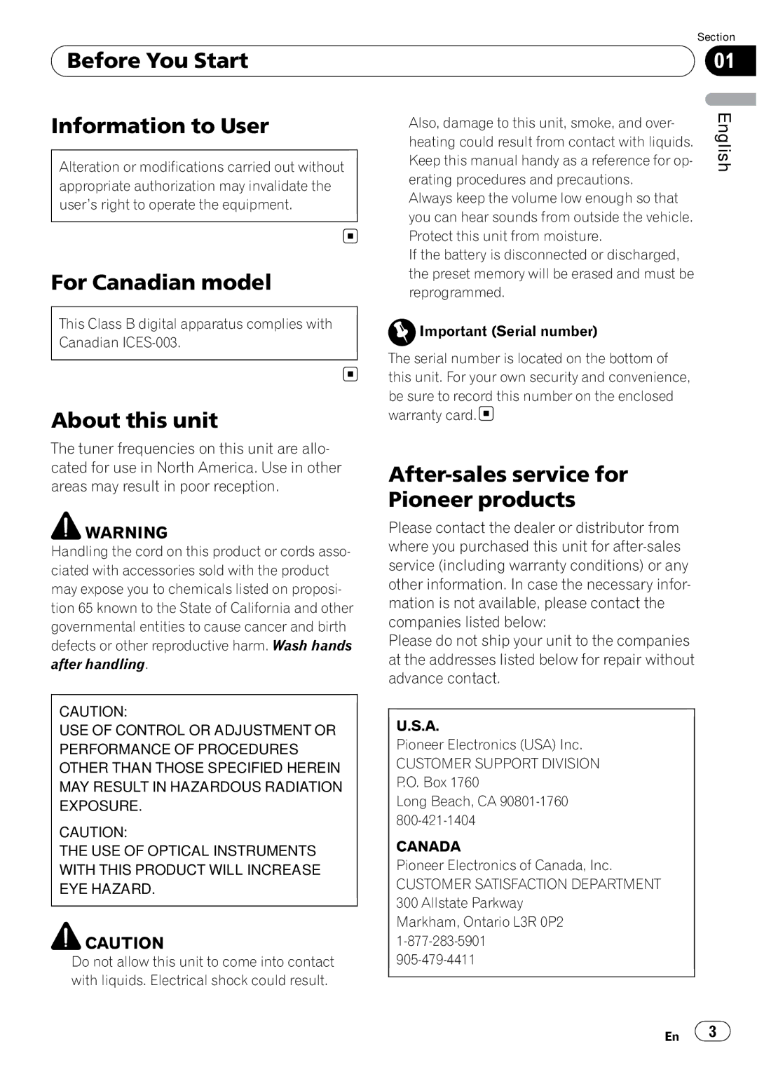 Pioneer DEH-11E owner manual Before You Start Information to User, For Canadian model, About this unit, Canada 