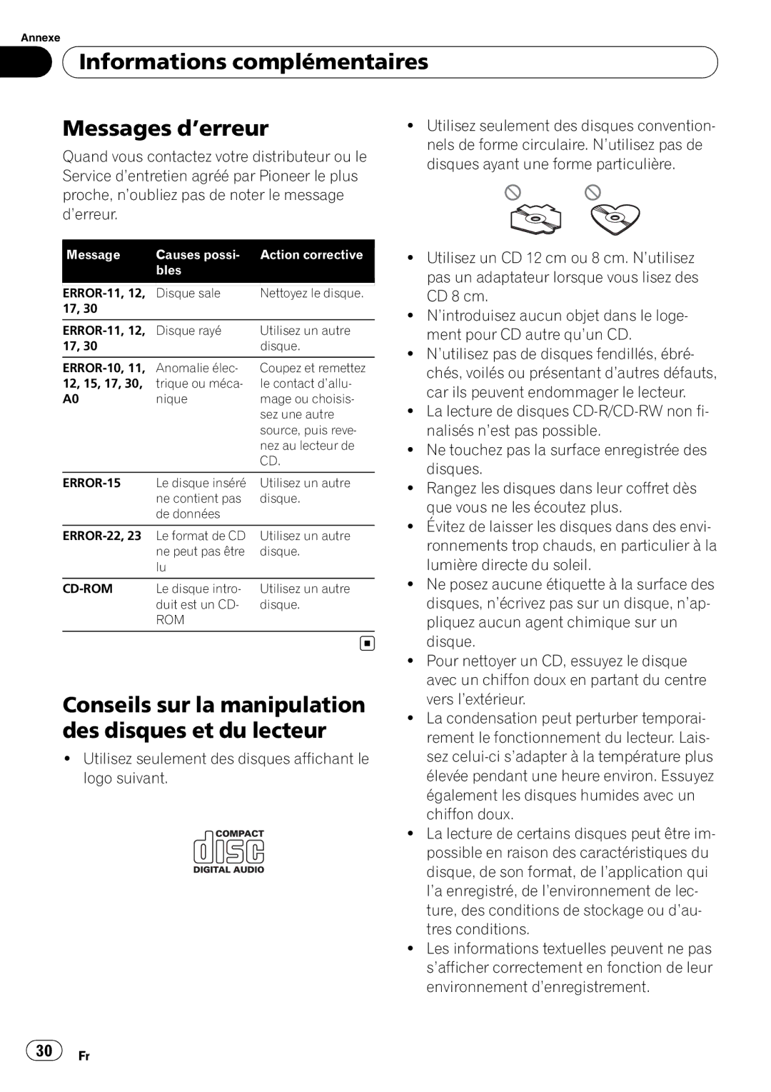 Pioneer DEH-11E Informations complémentaires Messages d’erreur, Conseils sur la manipulation des disques et du lecteur 