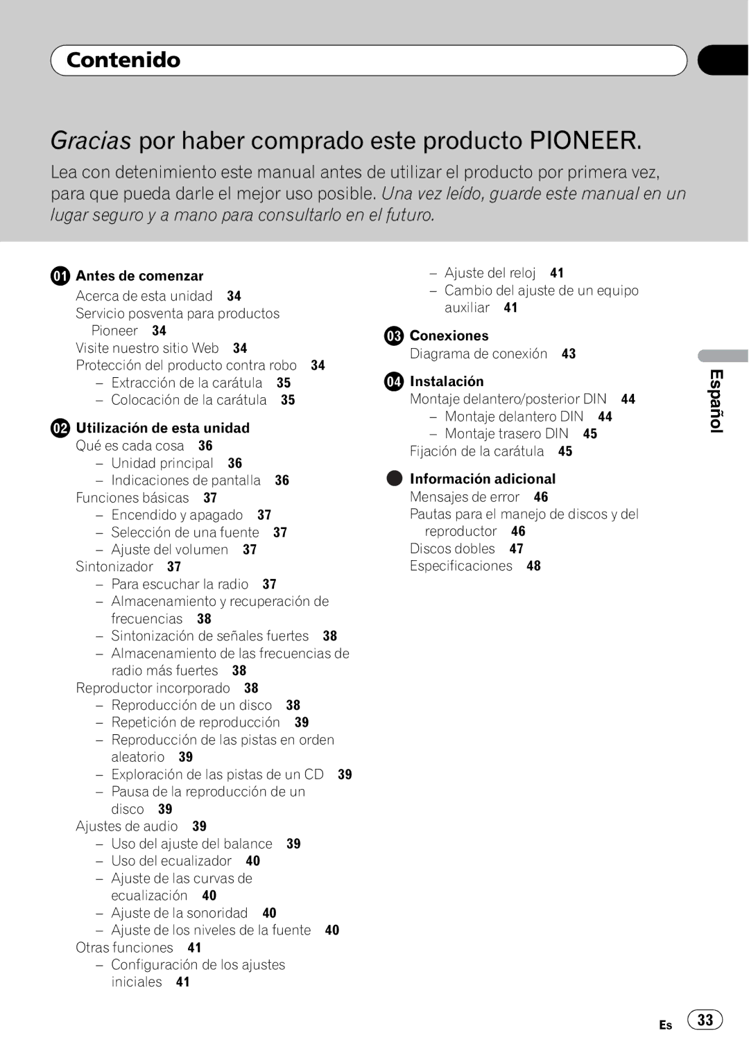 Pioneer DEH-11E owner manual Contenido, Funciones básicas Encendido y apagado, Reproducción de un disco 