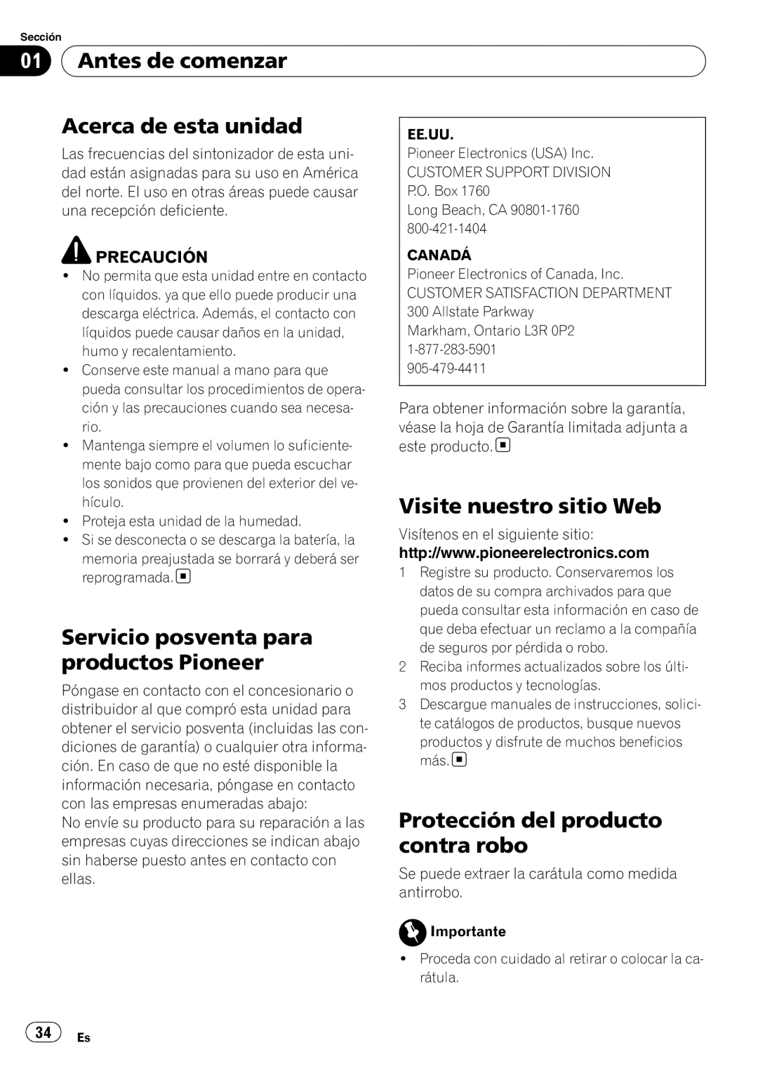 Pioneer DEH-11E Antes de comenzar Acerca de esta unidad, Visite nuestro sitio Web, Servicio posventa para, Contra robo 