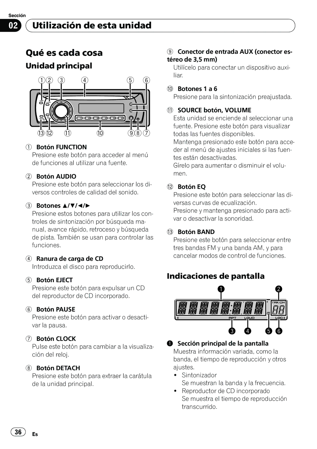 Pioneer DEH-11E owner manual Utilización de esta unidad Qué es cada cosa, Unidad principal, Indicaciones de pantalla 