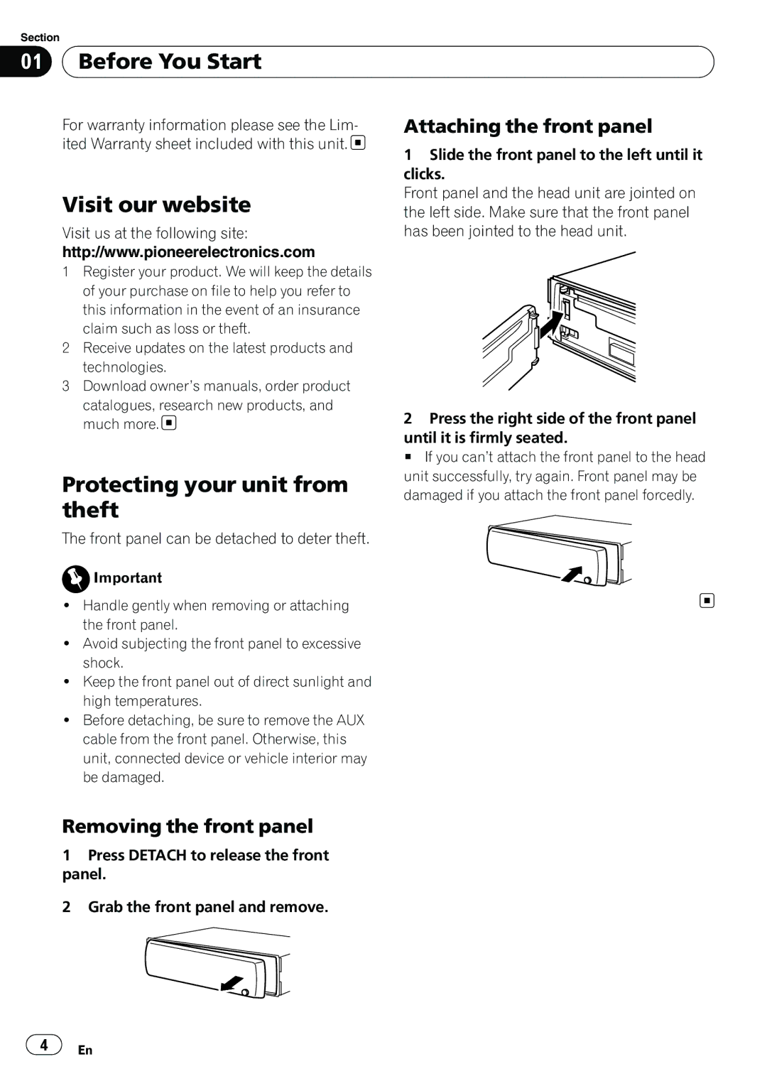 Pioneer DEH-11E Before You Start, Visit our website, Protecting your unit from theft, Attaching the front panel 
