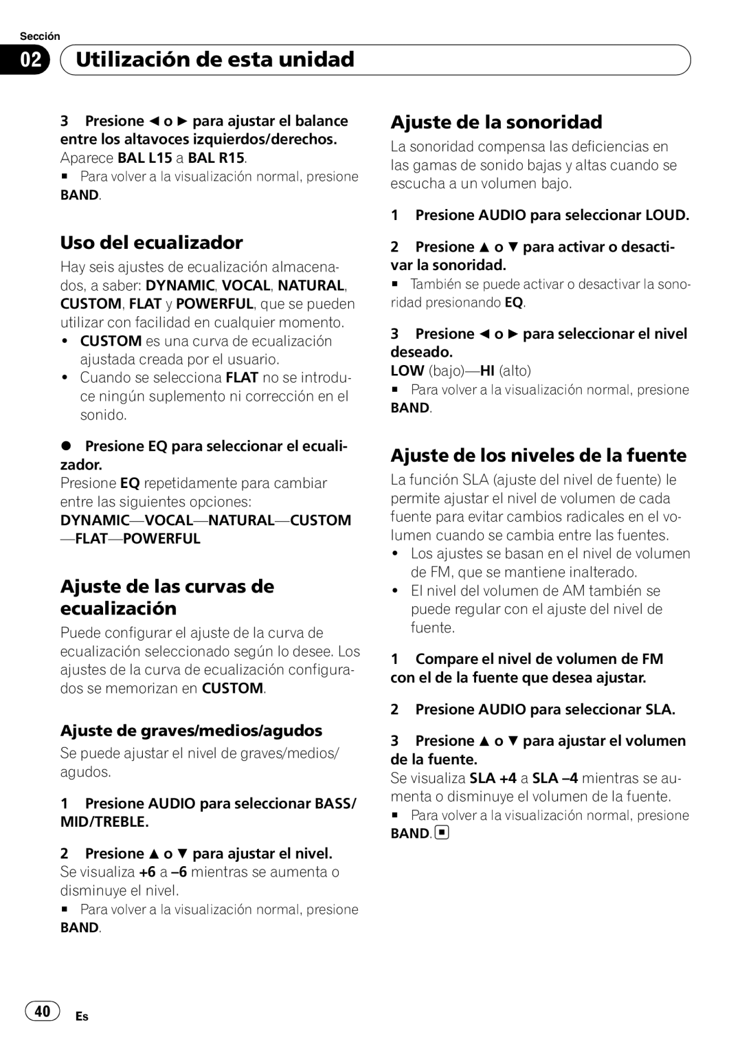 Pioneer DEH-11E owner manual Ajuste de la sonoridad, Uso del ecualizador, Ajuste de las curvas de ecualización 