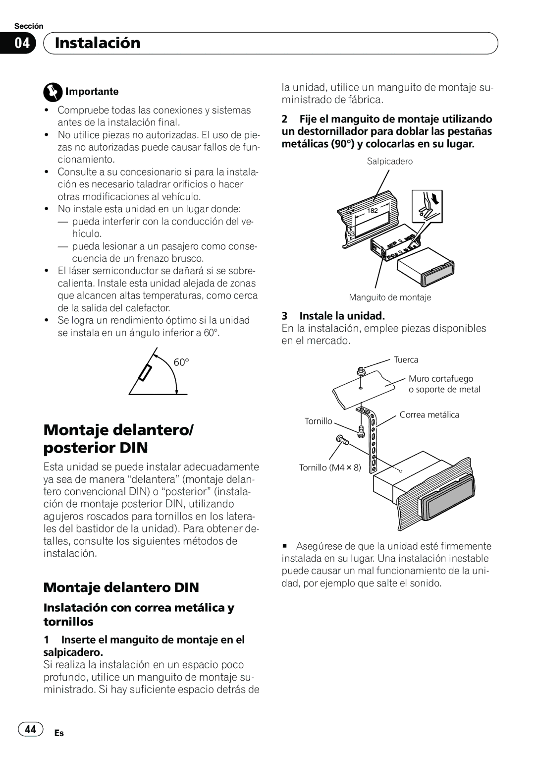 Pioneer DEH-11E owner manual Instalación, Montaje delantero/ posterior DIN, Montaje delantero DIN 