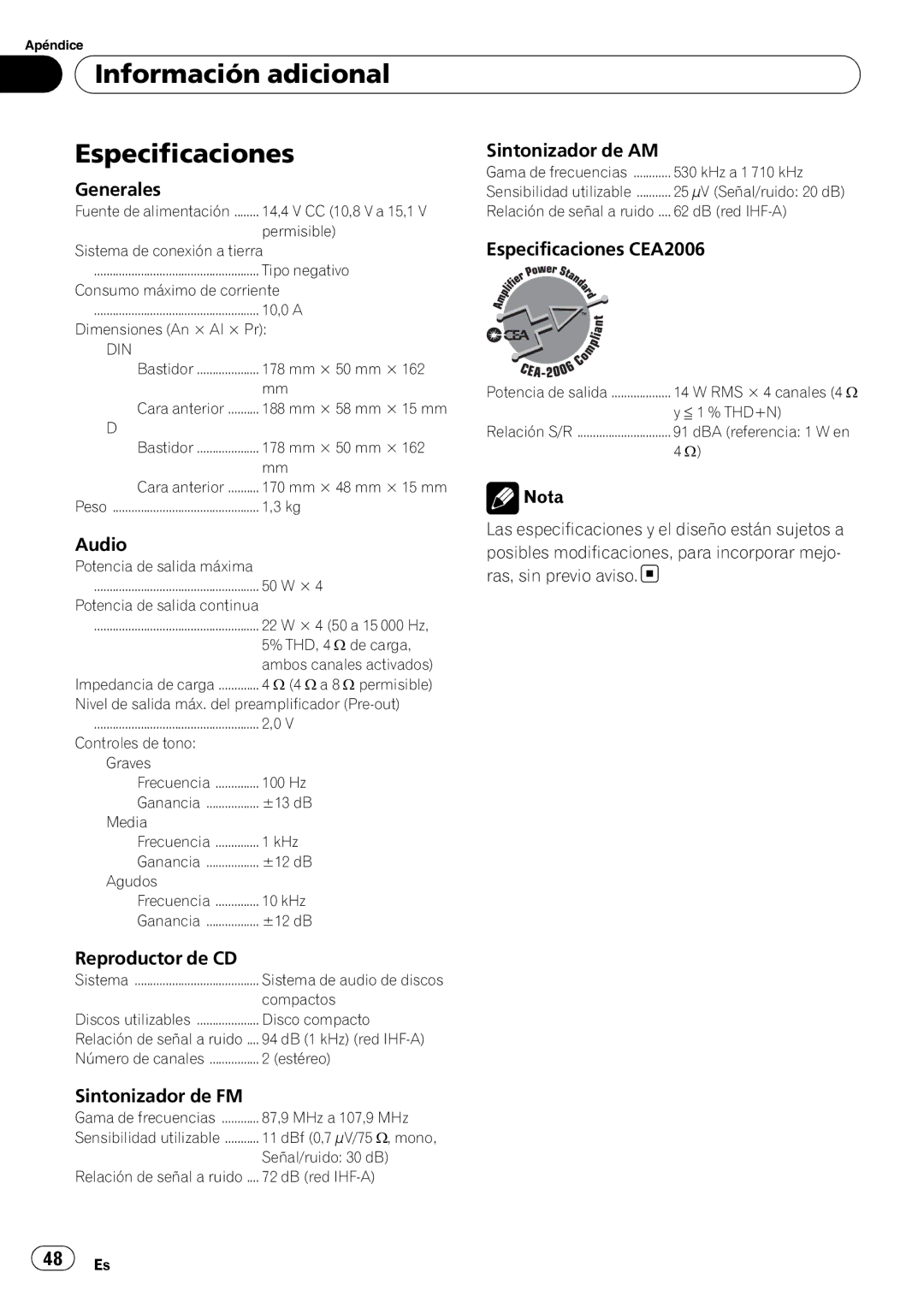 Pioneer DEH-11E owner manual Información adicional Especificaciones 