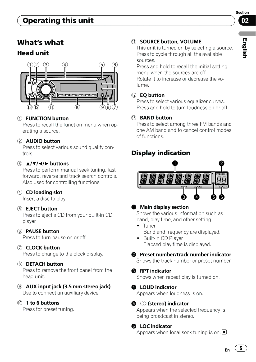 Pioneer DEH-11E owner manual Operating this unit What’s what, Head unit, Display indication 