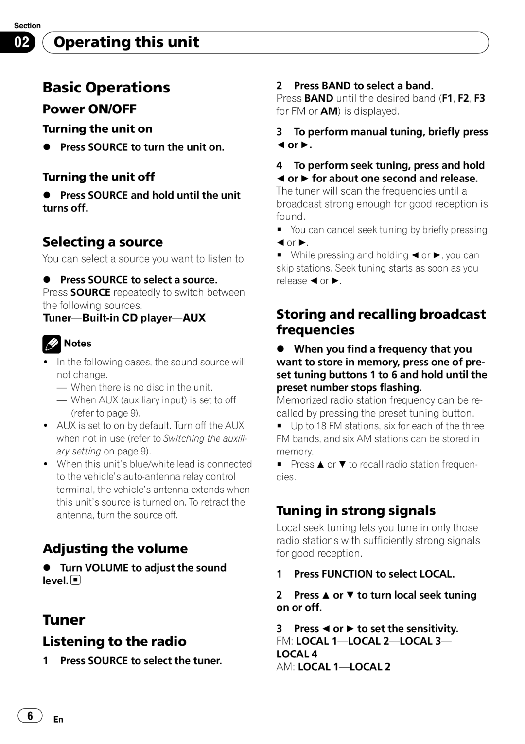 Pioneer DEH-11E owner manual Operating this unit Basic Operations, Tuner 