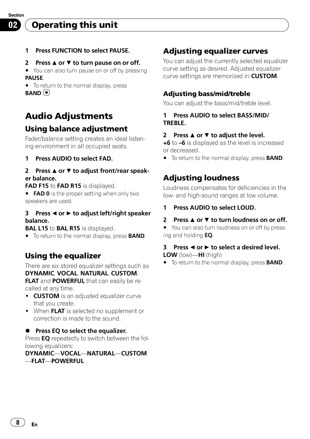 Pioneer DEH-11E owner manual Audio Adjustments, Using balance adjustment, Using the equalizer, Adjusting equalizer curves 