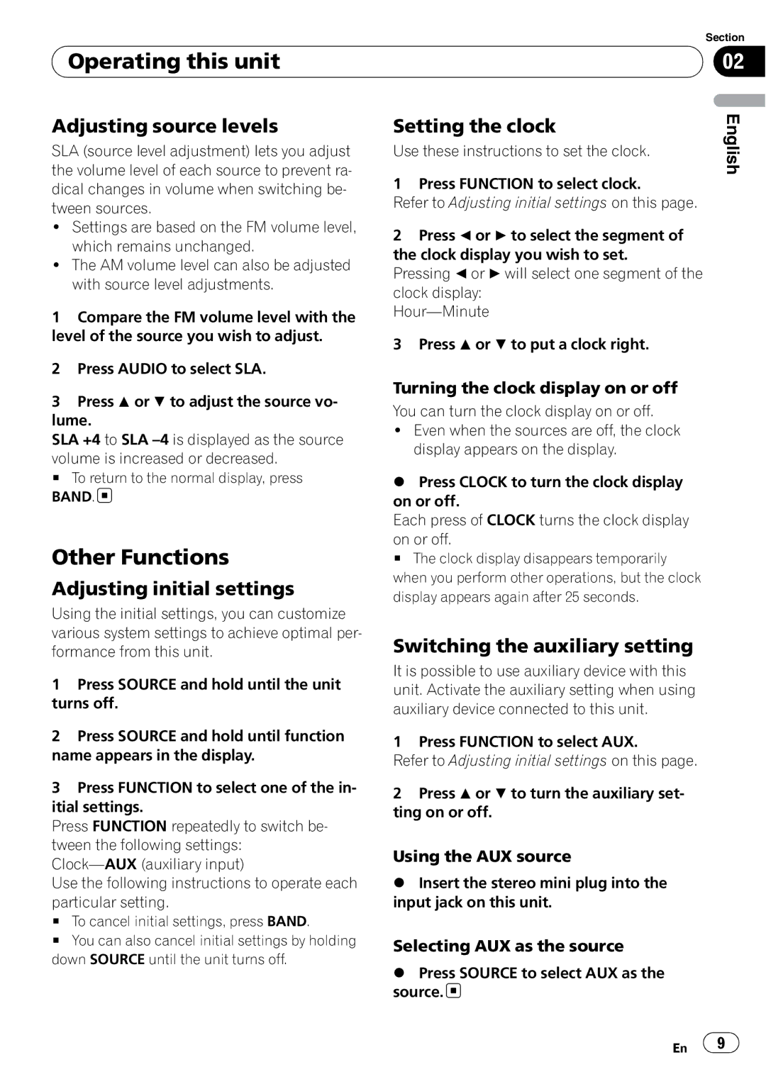 Pioneer DEH-11E owner manual Other Functions, Adjusting source levels, Adjusting initial settings, Setting the clock 