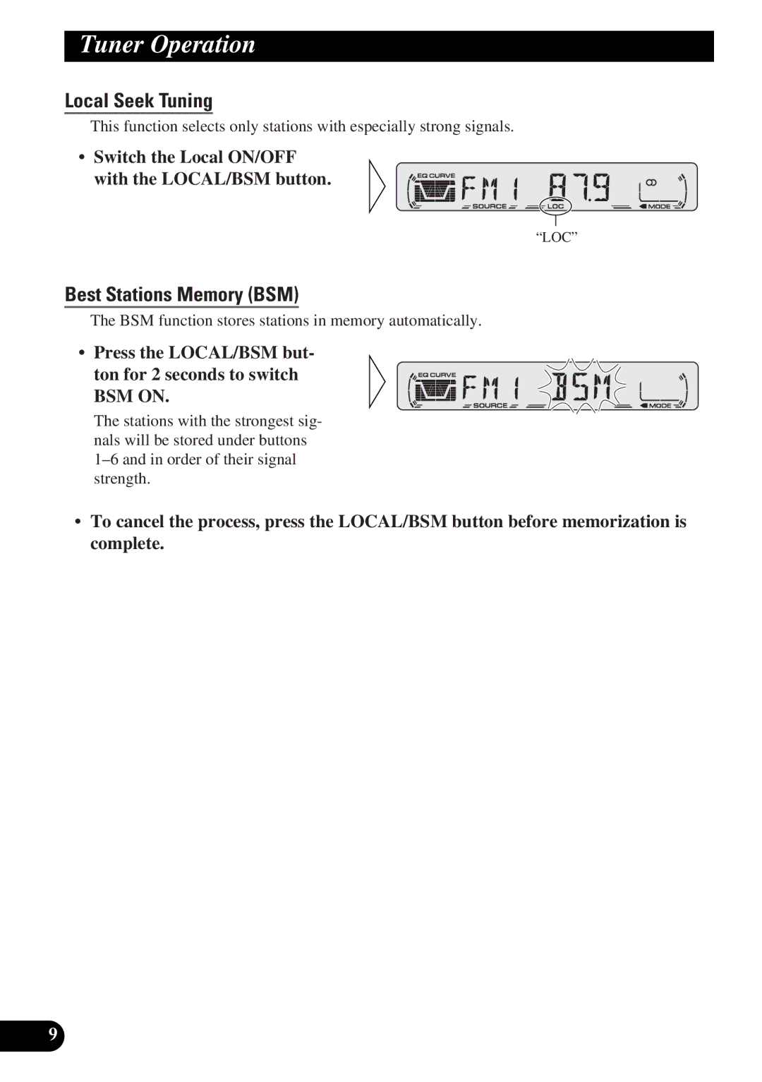 Pioneer DEH-12 operation manual Tuner Operation, Local Seek Tuning, Best Stations Memory BSM 