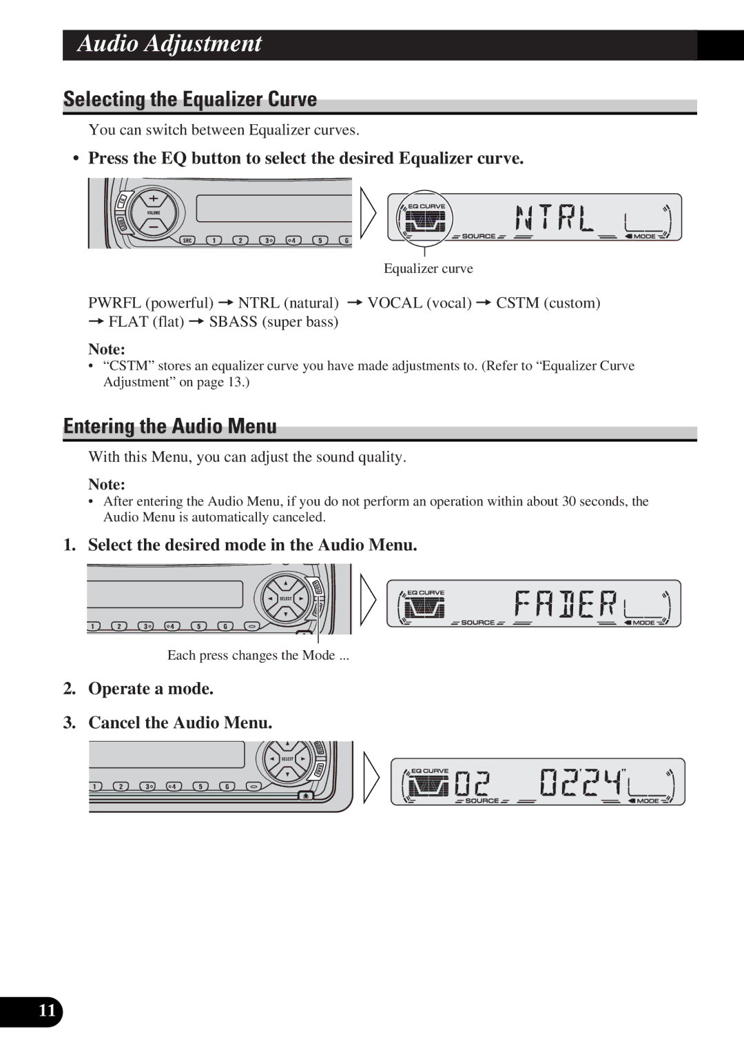 Pioneer DEH-12 operation manual Audio Adjustment, Selecting the Equalizer Curve, Entering the Audio Menu 