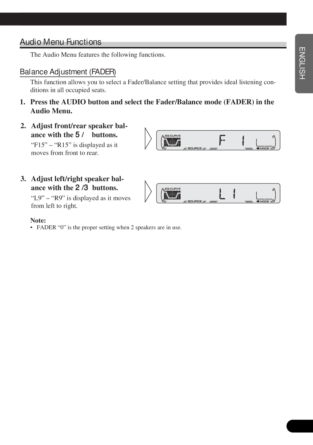 Pioneer DEH-12 Audio Menu Functions, Balance Adjustment Fader, Adjust left/right speaker bal- ance with the 2/3 buttons 