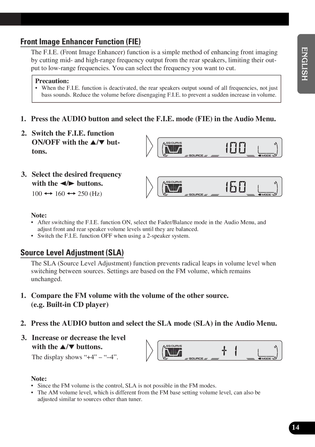 Pioneer DEH-12 operation manual Front Image Enhancer Function FIE, Source Level Adjustment SLA, Precaution 