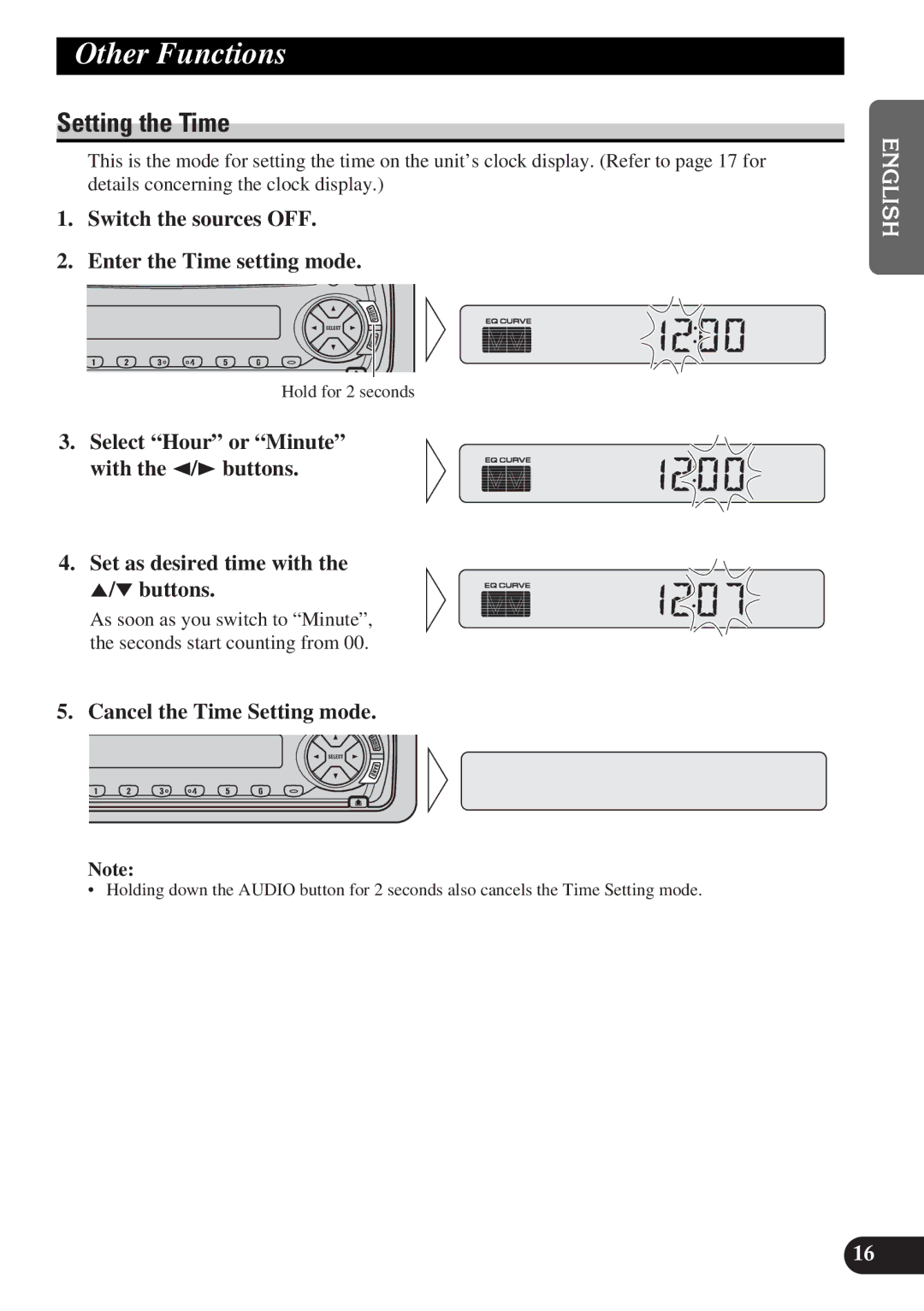 Pioneer DEH-12 operation manual Other Functions, Setting the Time, Switch the sources OFF Enter the Time setting mode 