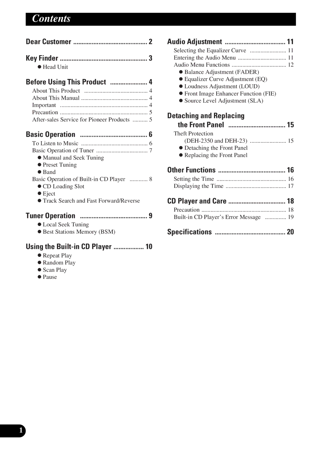 Pioneer DEH-12 operation manual Contents 