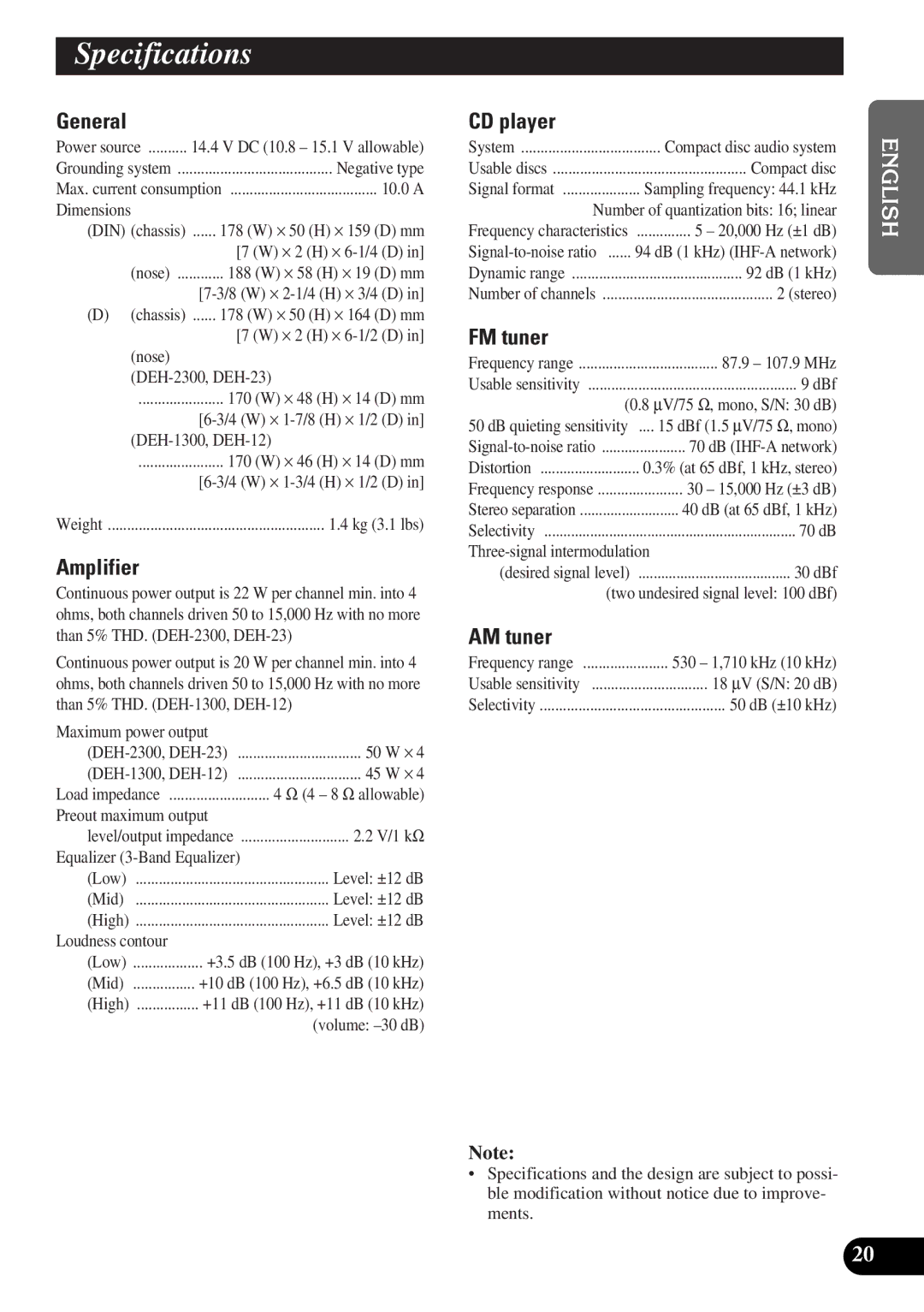 Pioneer DEH-12 operation manual Specifications 