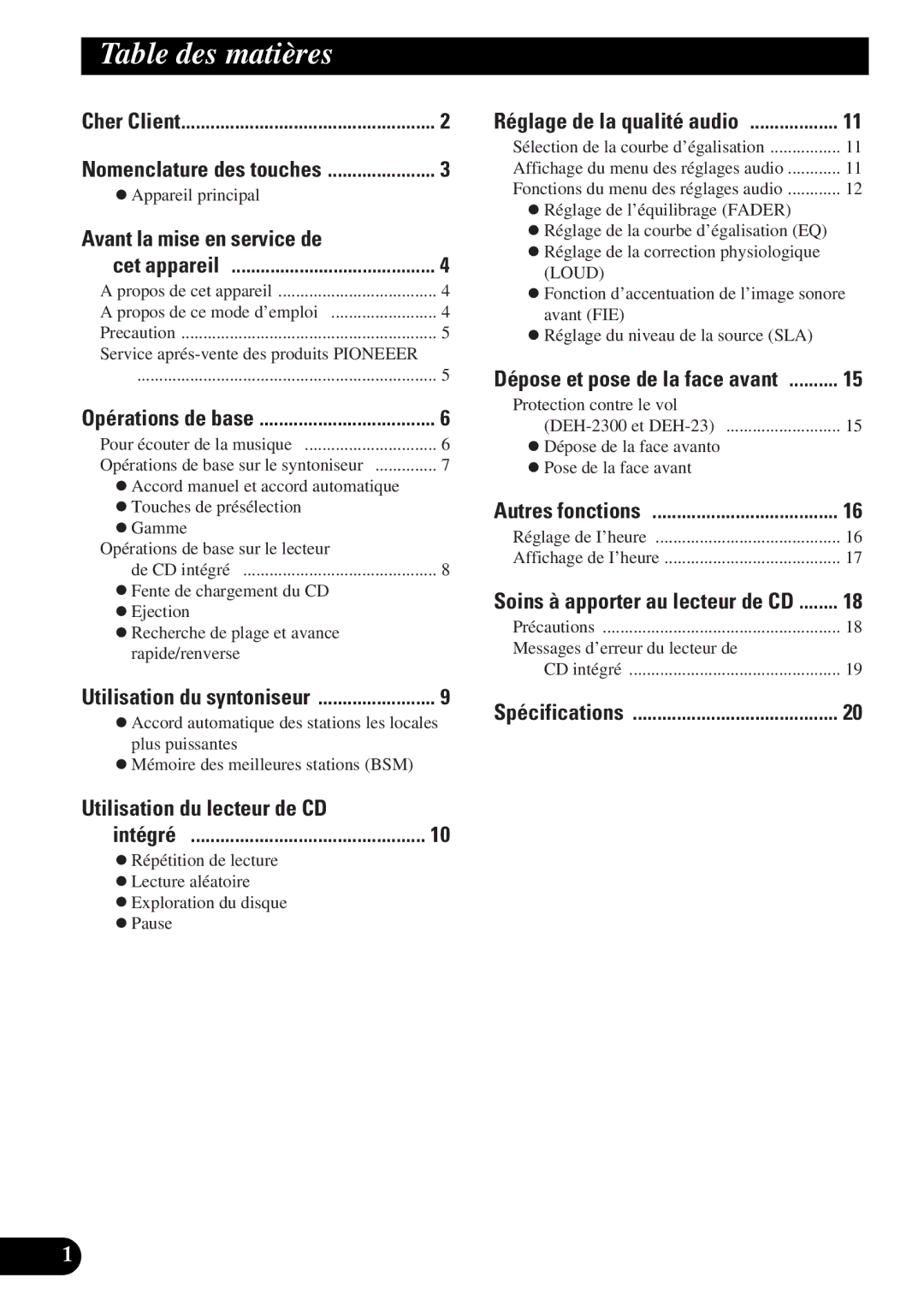 Pioneer DEH-12 operation manual Table des matières, Avant la mise en service de, Utilisation du lecteur de CD 