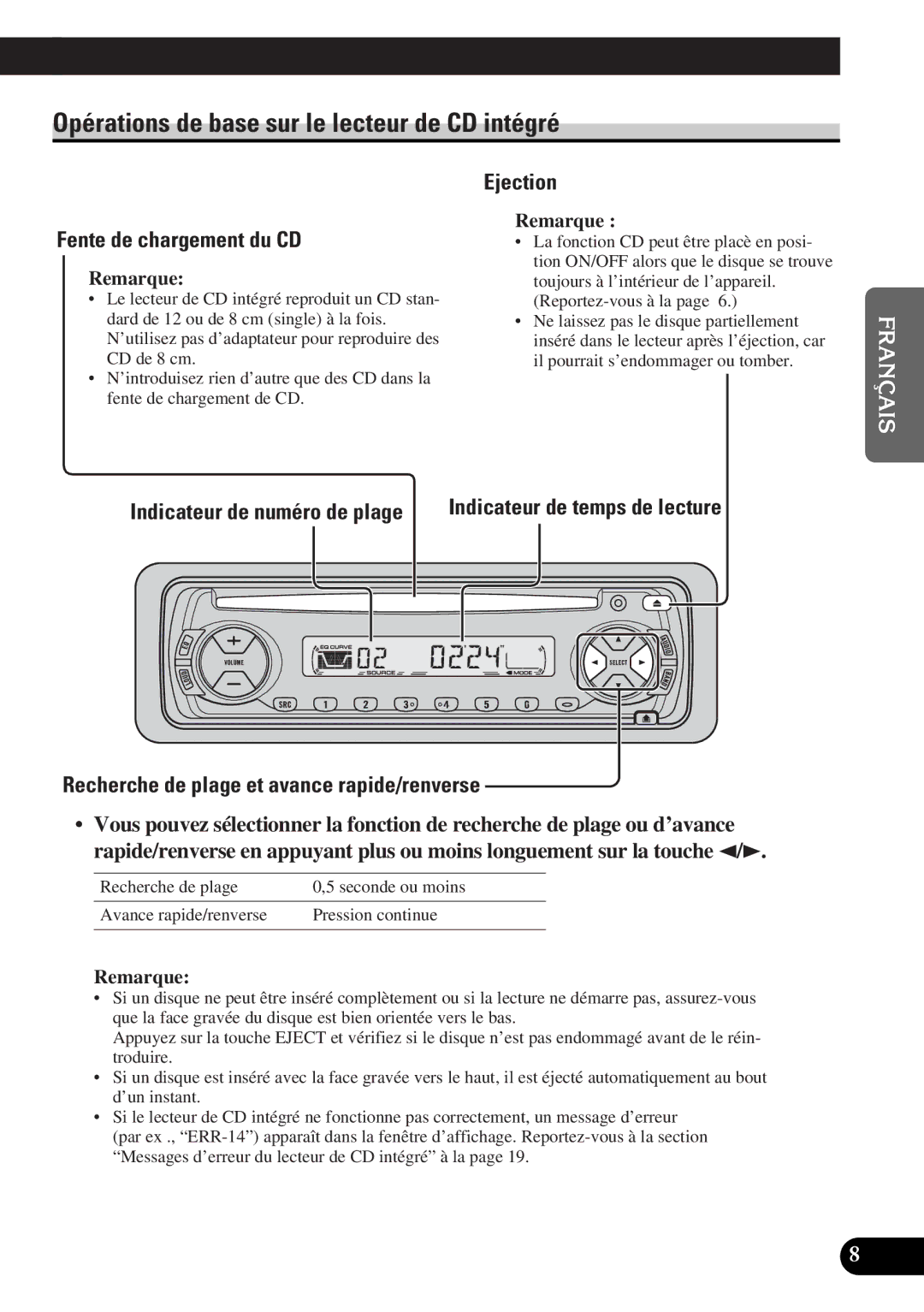 Pioneer DEH-12 operation manual Opérations de base sur le lecteur de CD intégré, Fente de chargement du CD, Ejection 