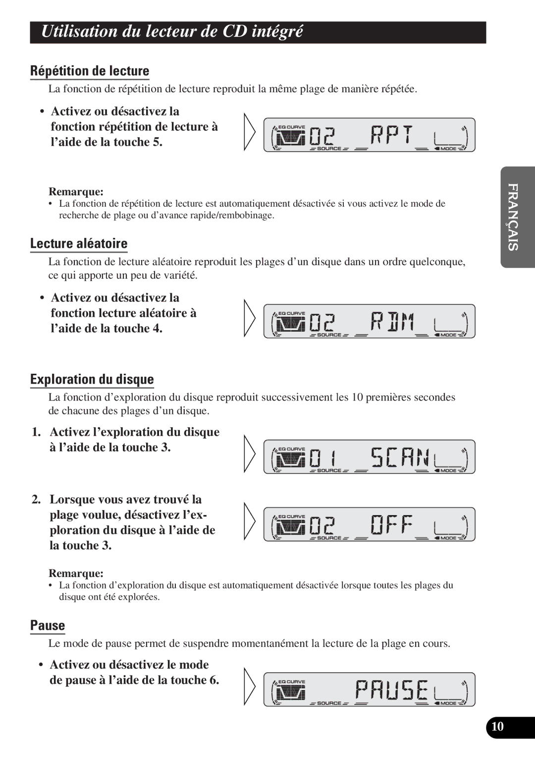 Pioneer DEH-12 Utilisation du lecteur de CD intégré, Répétition de lecture, Lecture aléatoire, Exploration du disque 