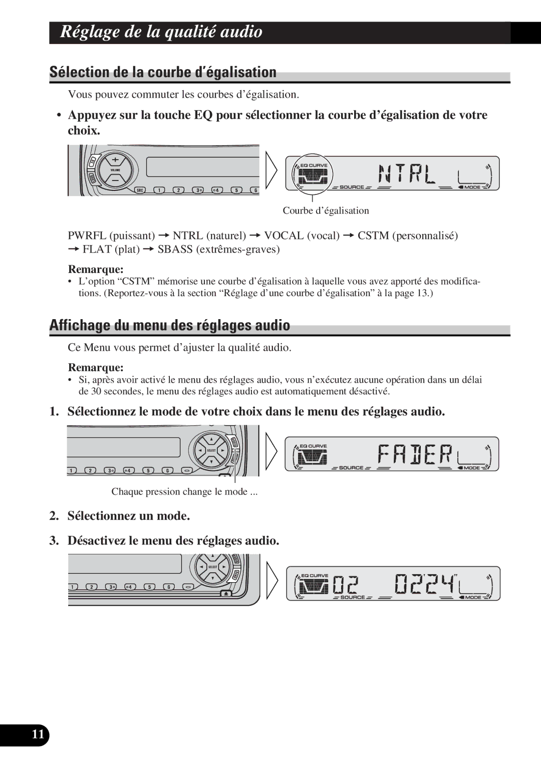 Pioneer DEH-12 Réglage de la qualité audio, Sélection de la courbe d’égalisation, Affichage du menu des réglages audio 