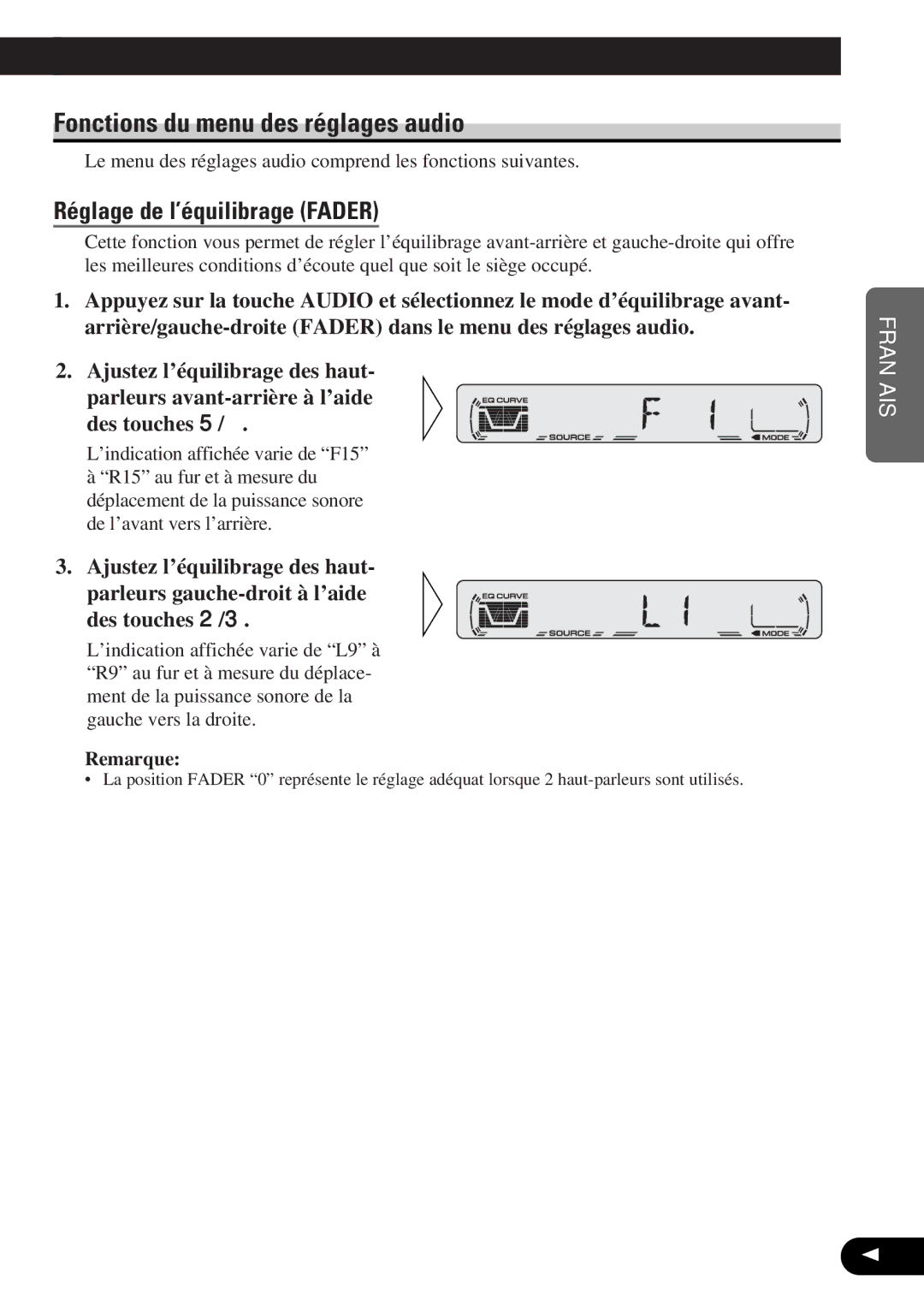 Pioneer DEH-12 operation manual Fonctions du menu des réglages audio, Réglage de l’équilibrage Fader 