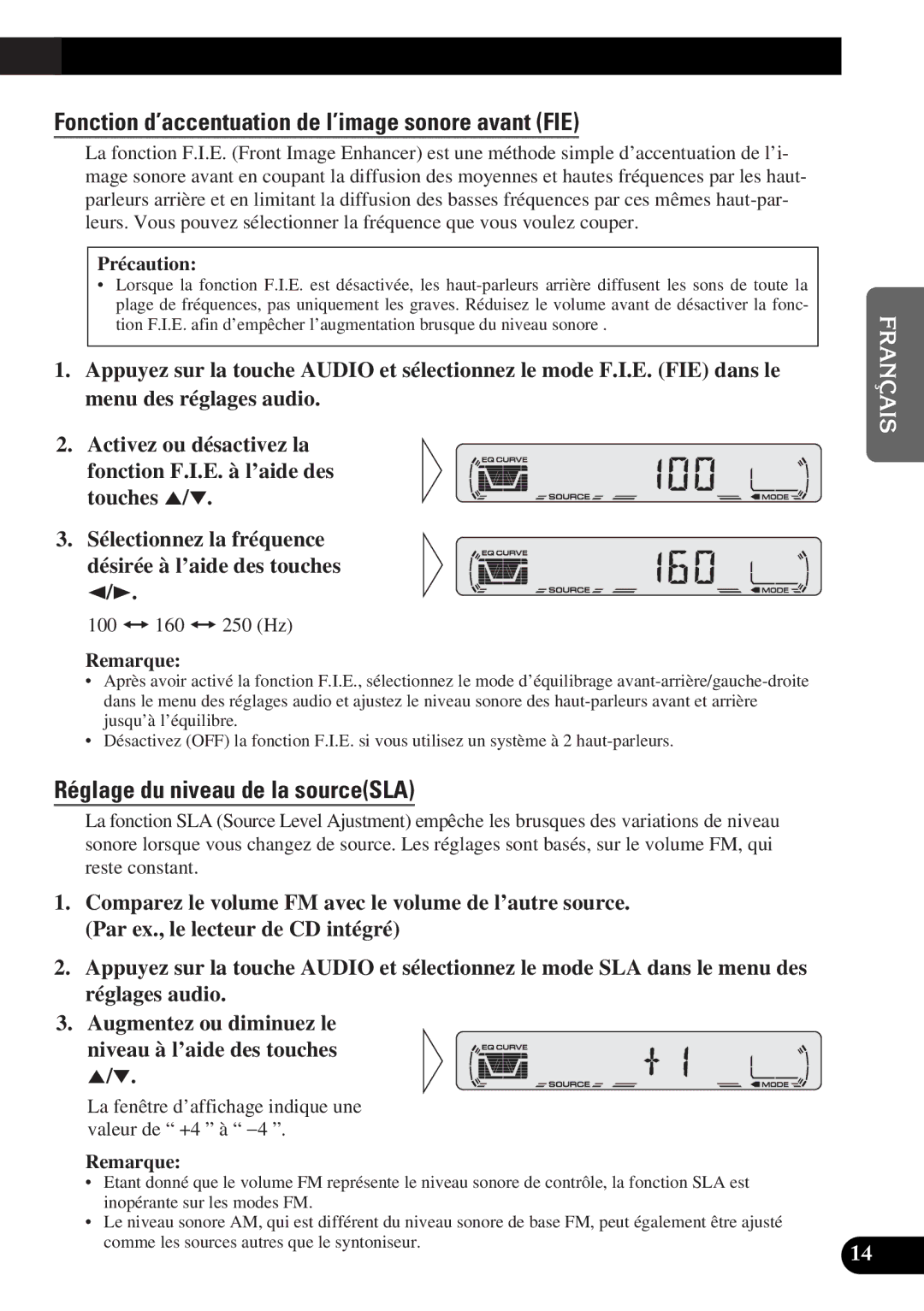 Pioneer DEH-12 Fonction d’accentuation de l’image sonore avant FIE, Réglage du niveau de la sourceSLA, Précaution 