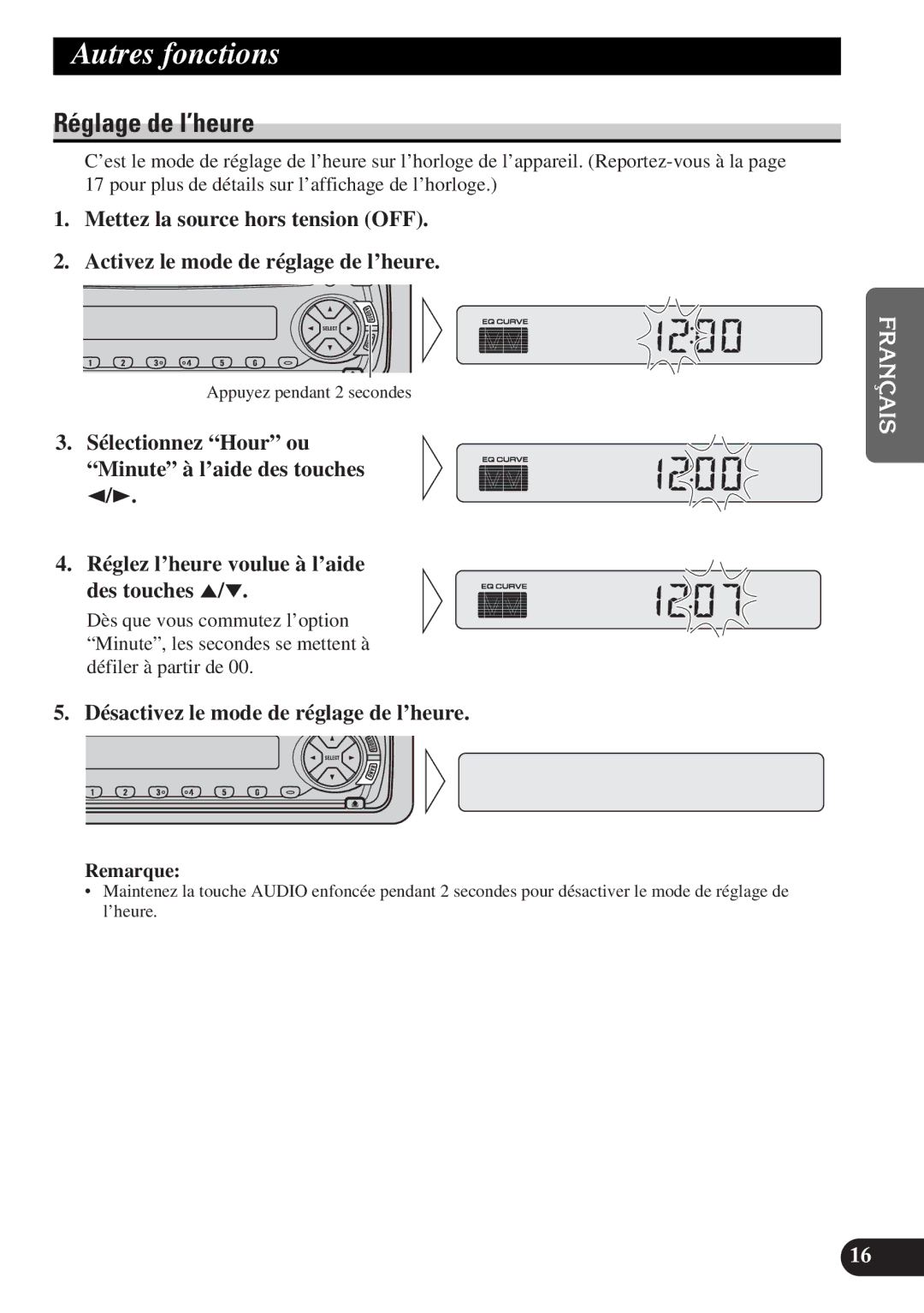 Pioneer DEH-12 operation manual Autres fonctions, Réglage de l’heure, Désactivez le mode de réglage de l’heure 