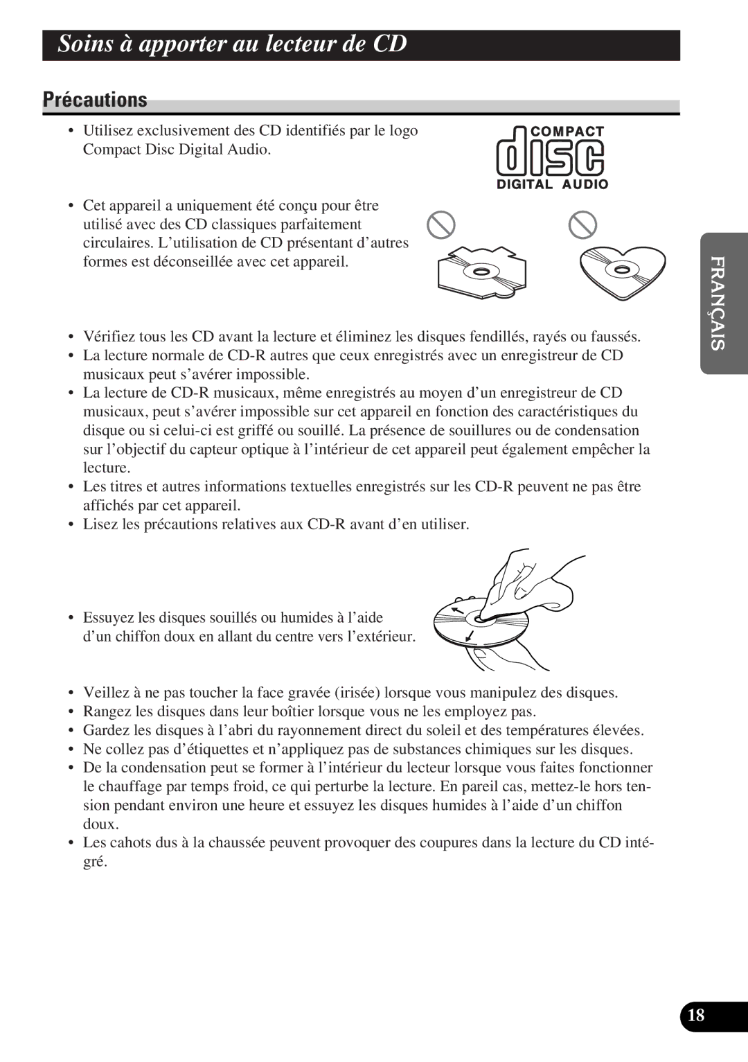 Pioneer DEH-12 operation manual Soins à apporter au lecteur de CD, Précautions 