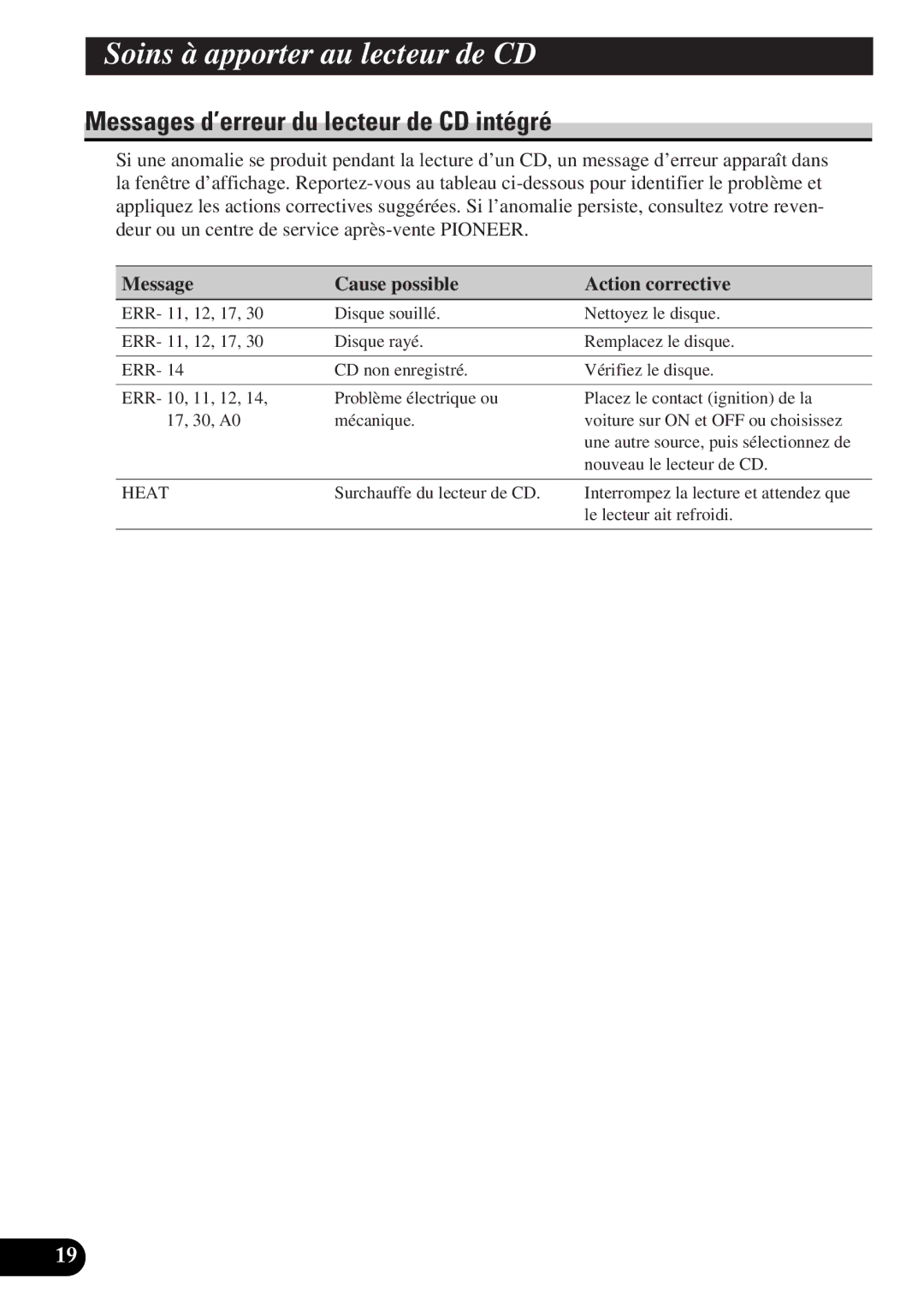 Pioneer DEH-12 operation manual Messages d’erreur du lecteur de CD intégré, Message Cause possible Action corrective 