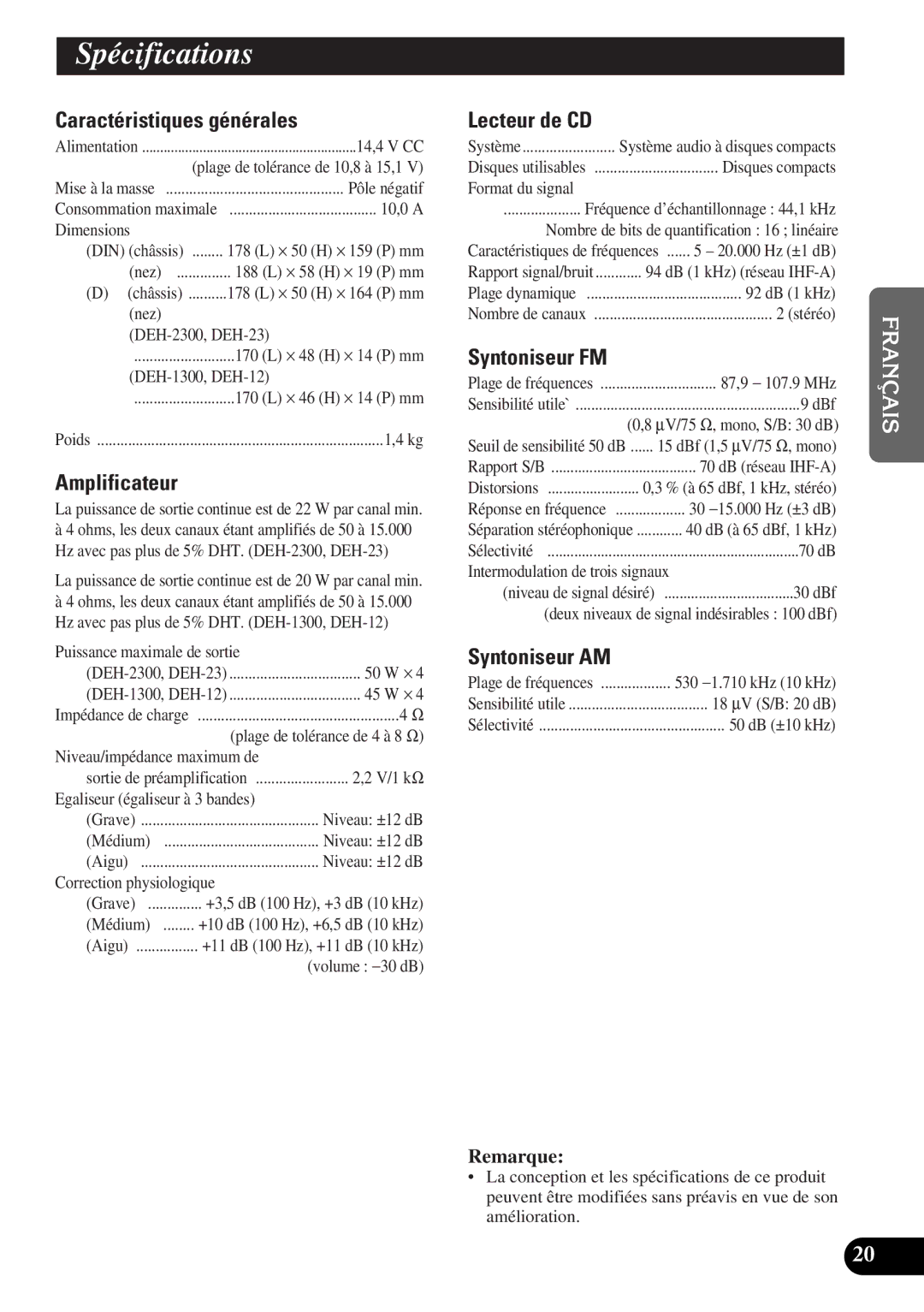 Pioneer DEH-12 operation manual Spécifications 