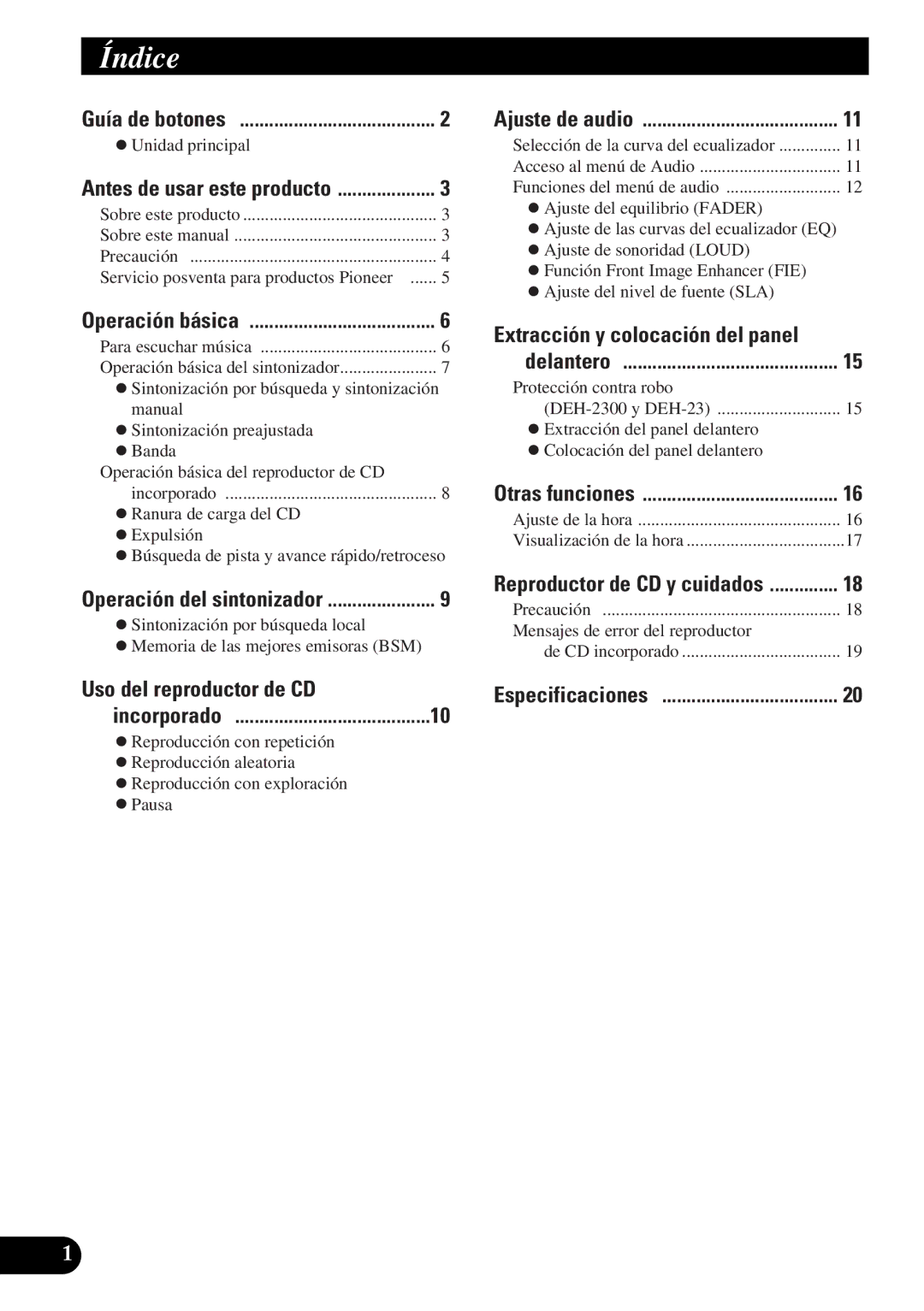 Pioneer DEH-12 operation manual Índice, Uso del reproductor de CD 