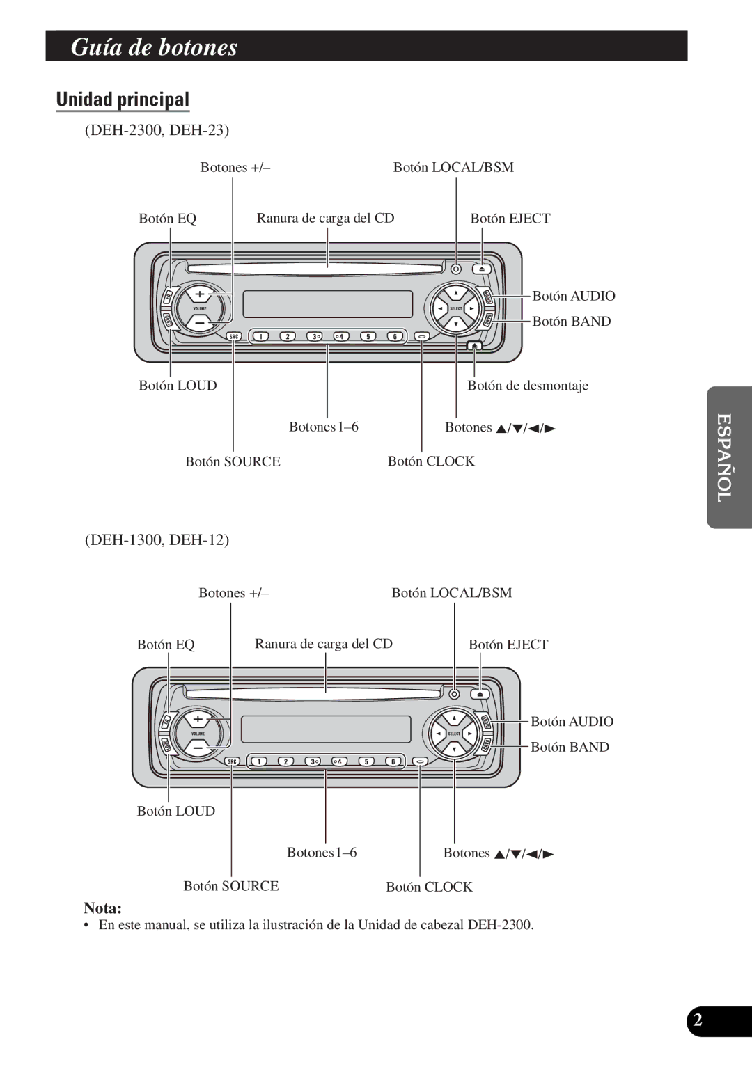 Pioneer DEH-12 operation manual Guía de botones, Unidad principal, Nota 