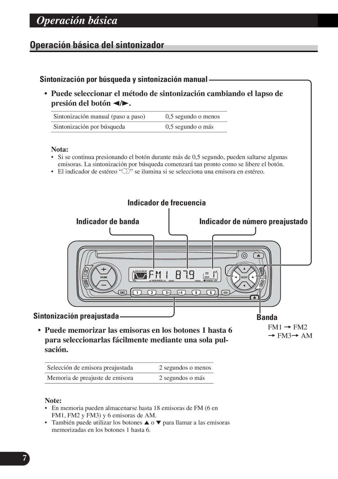 Pioneer DEH-12 operation manual Operación básica del sintonizador, Sintonización por búsqueda y sintonización manual, Banda 