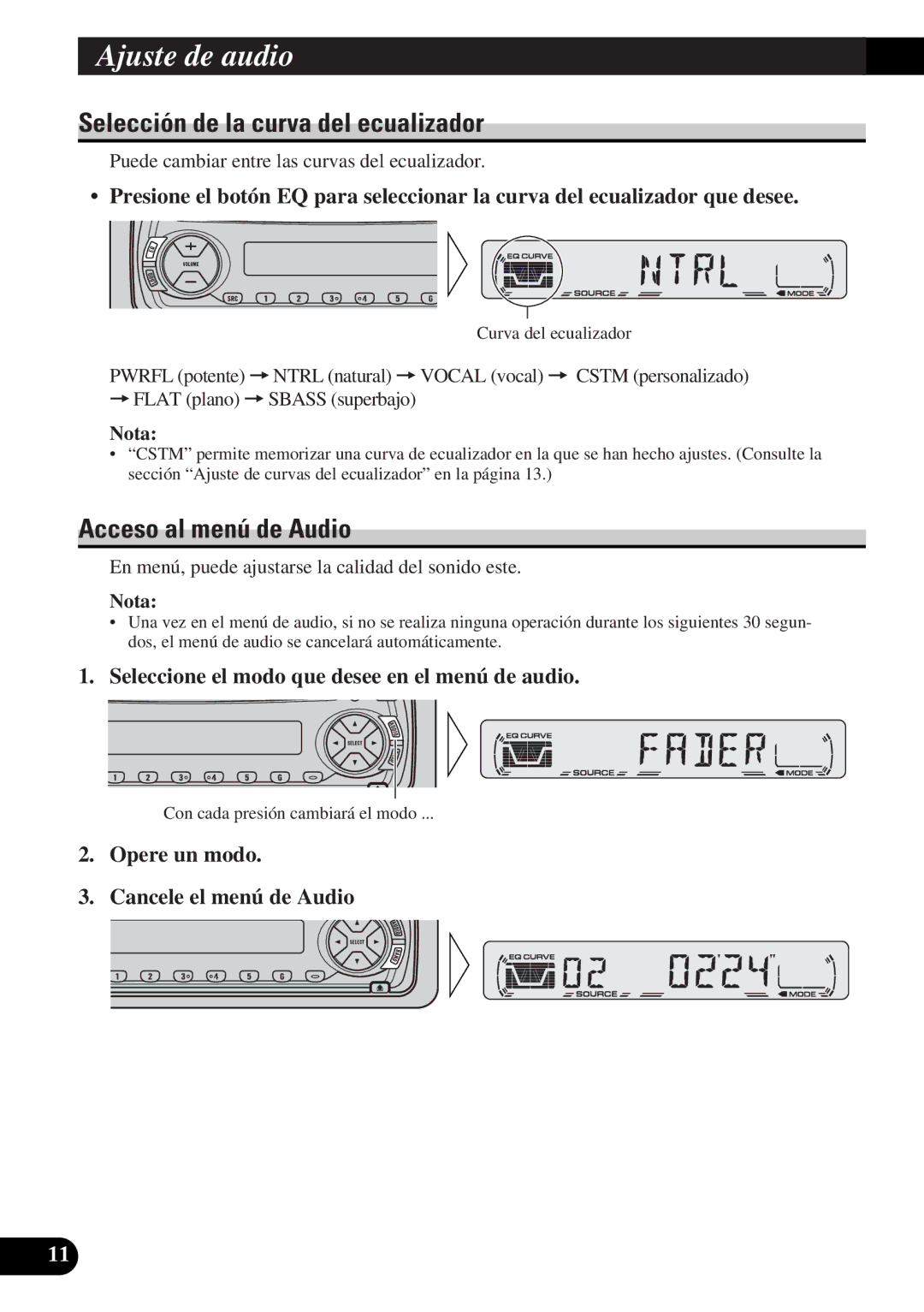 Pioneer DEH-12 operation manual Ajuste de audio, Selección de la curva del ecualizador, Acceso al menú de Audio 