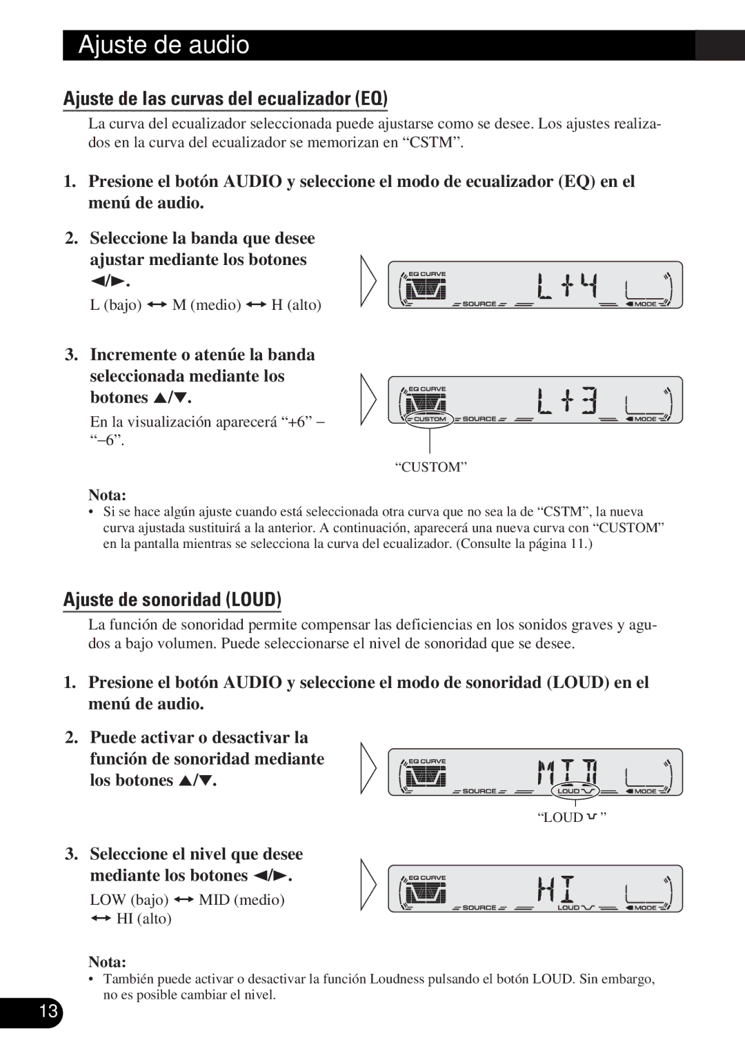 Pioneer DEH-12 operation manual Ajuste de las curvas del ecualizador EQ, Ajuste de sonoridad Loud 