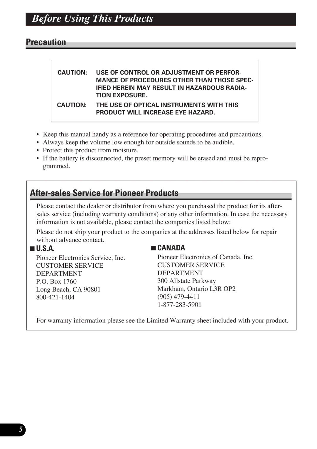 Pioneer DEH-12 operation manual Before Using This Products, Precaution, After-sales Service for Pioneer Products, 7U.S.A 