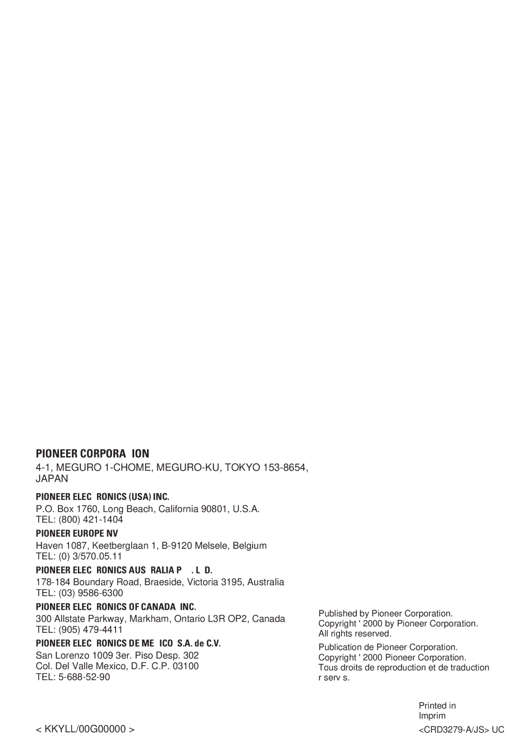 Pioneer DEH-12 operation manual Pioneer Corporation 